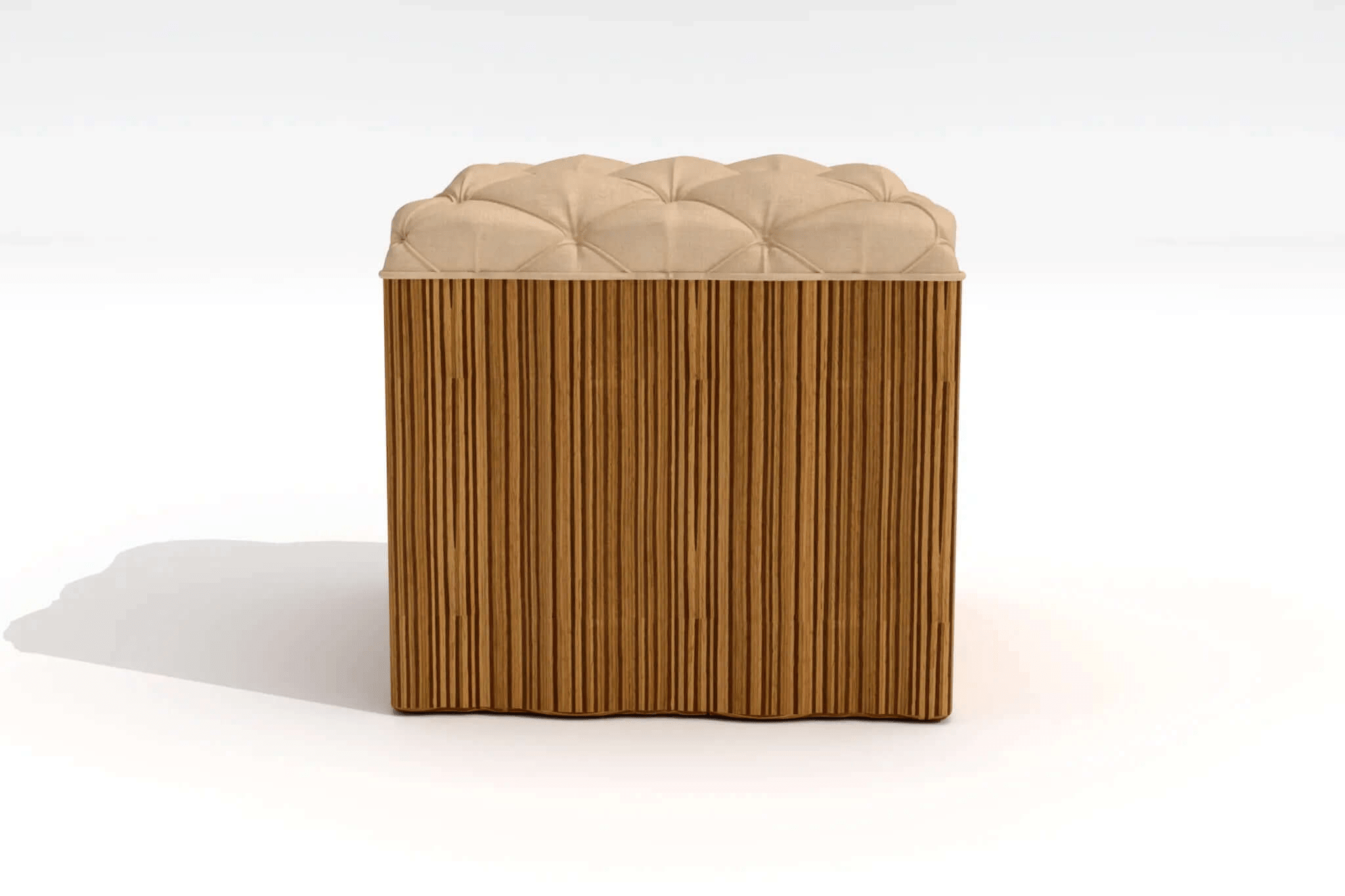 3D CAD model of Yocatan Ottoman with ribbed wood base and tufted upholstery
