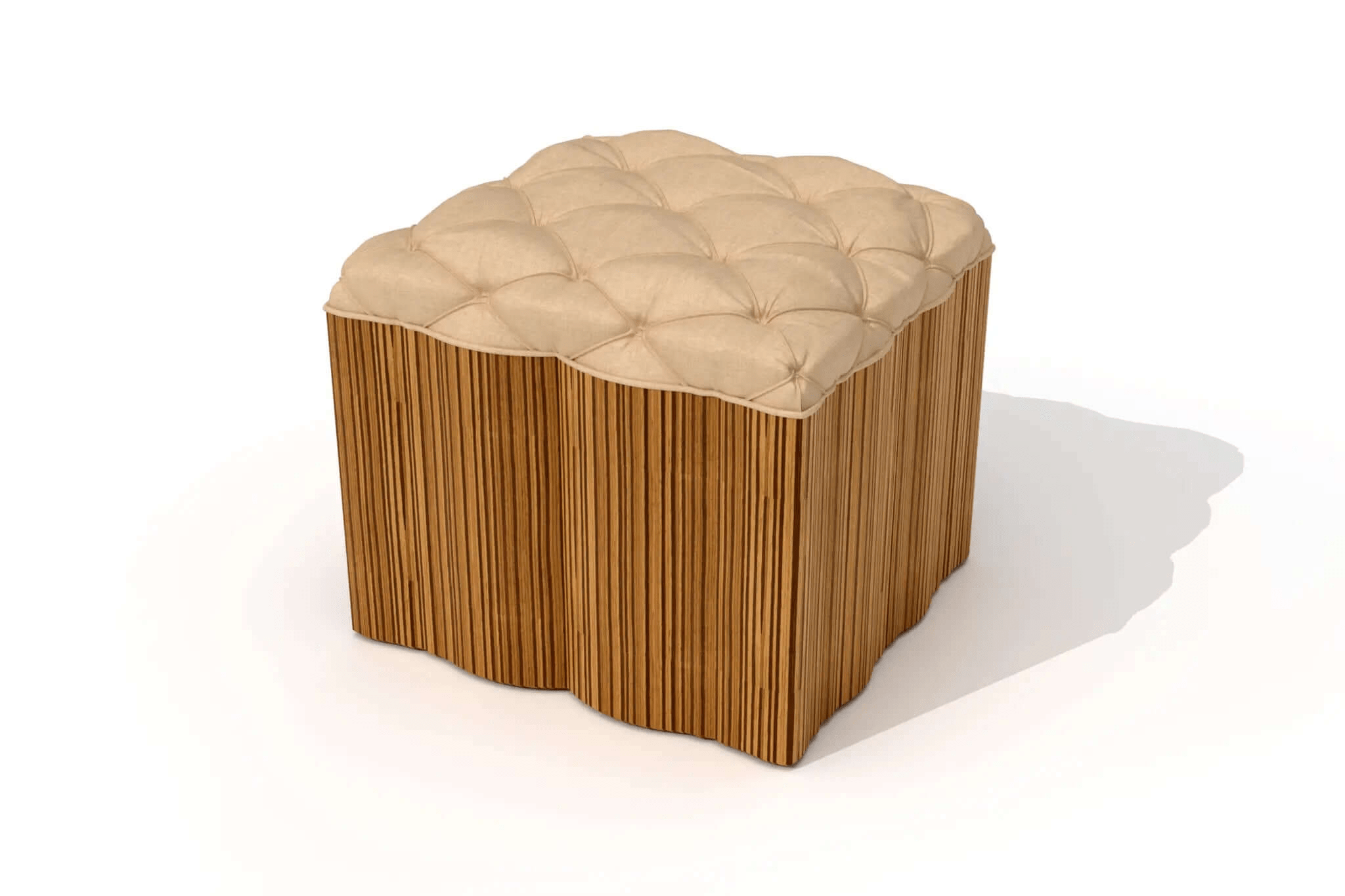 3D CAD rendering of Yocatan Ottoman with vertical ribbed wood base and tufted upholstery