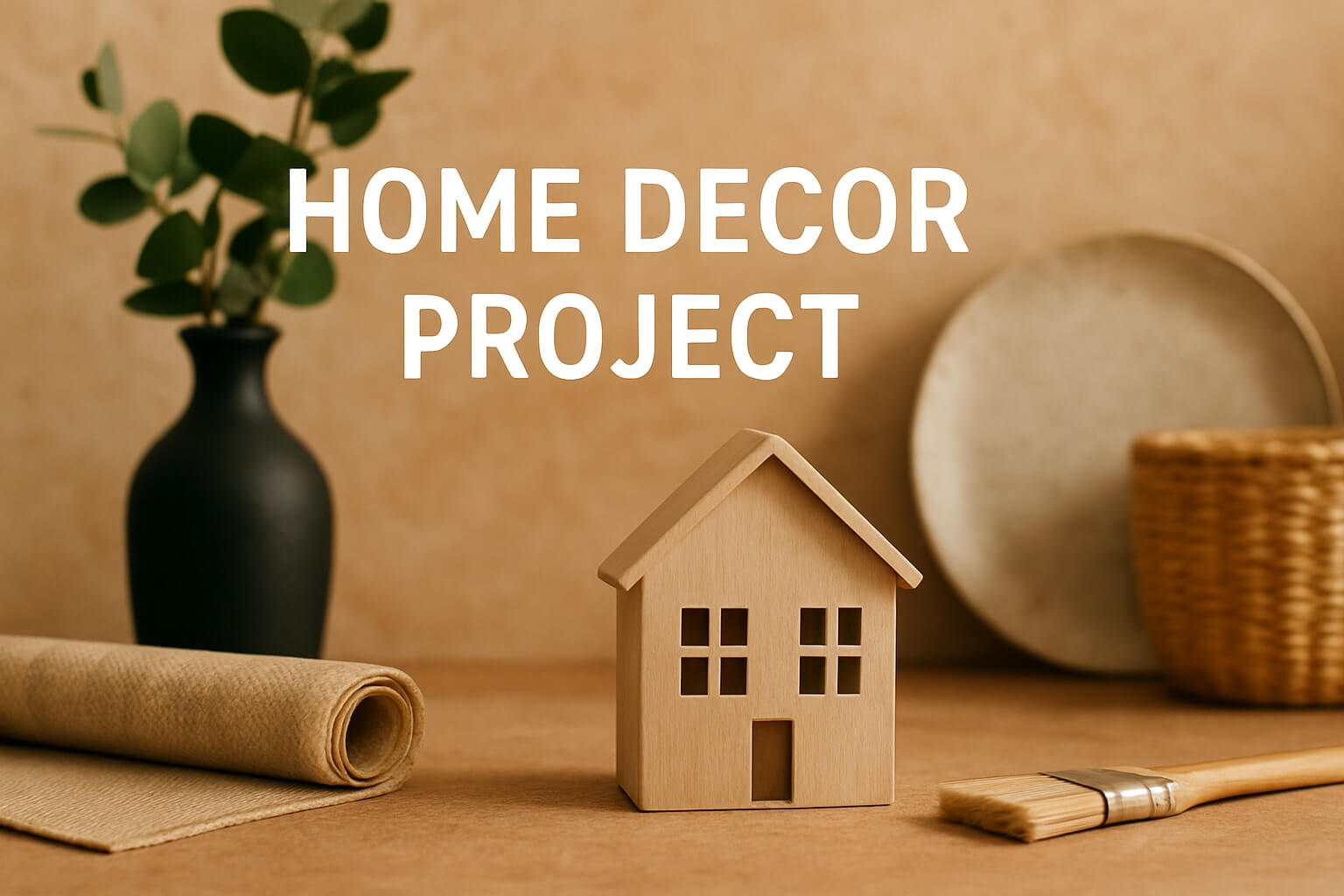 Home decor project ideas 2025 with miniature house, paintbrush, and pottery on a table for modern interior design inspiration.