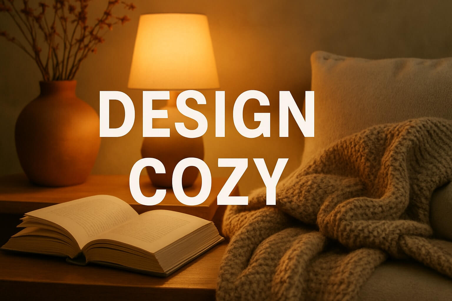 Warm cozy space design ideas 2025 with a lamp, book, and blanket creating an inviting atmosphere.