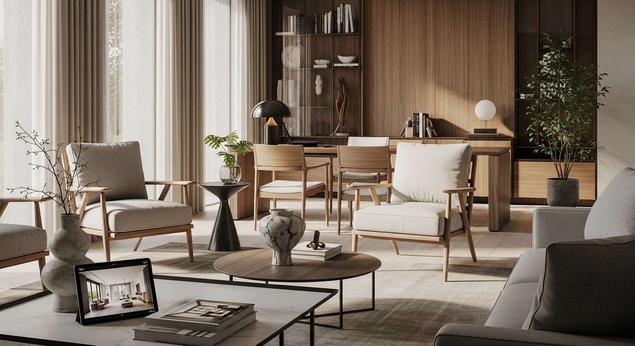 Discovering Modern Cottage Interiors - elegant and minimalist living room with natural light, wooden elements, and cozy seating.