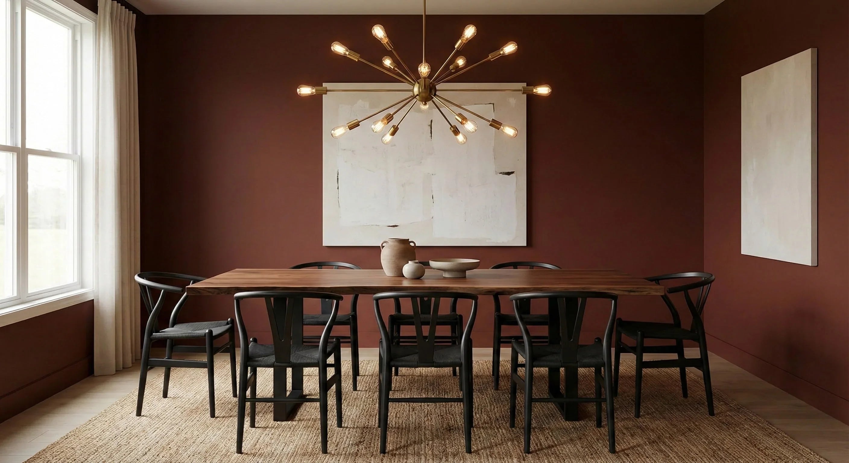 Modern dining room with walls painted in Warm Mahogany, Glidden's 2026 Color of the Year, featuring a stylish chandelier.