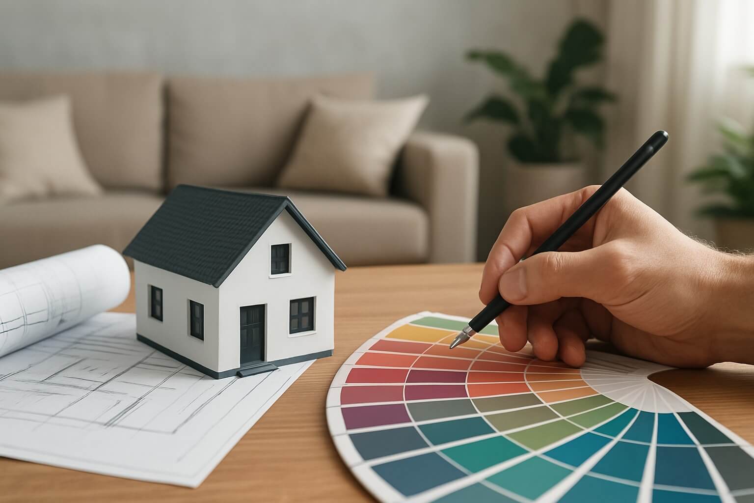 Palette and model house for 2025 home interior transformation design planning.