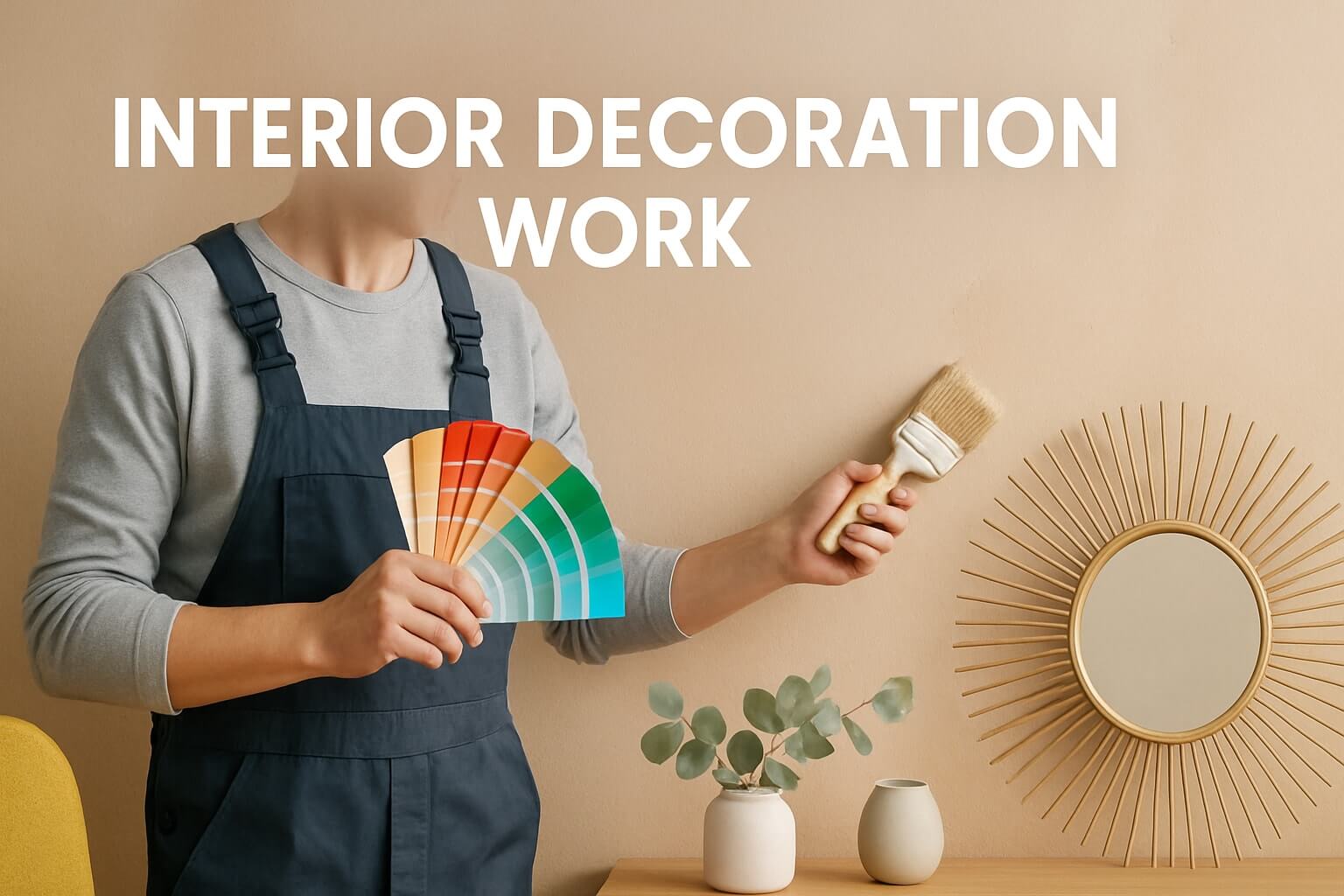 Person holding paint samples and brush as part of 2025 interior decoration guide with modern mirror and decor items.