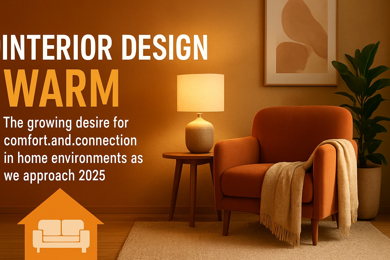 Guide to Interior Design warm trends for 2025 with cozy living room setting featuring an orange chair and lamp.