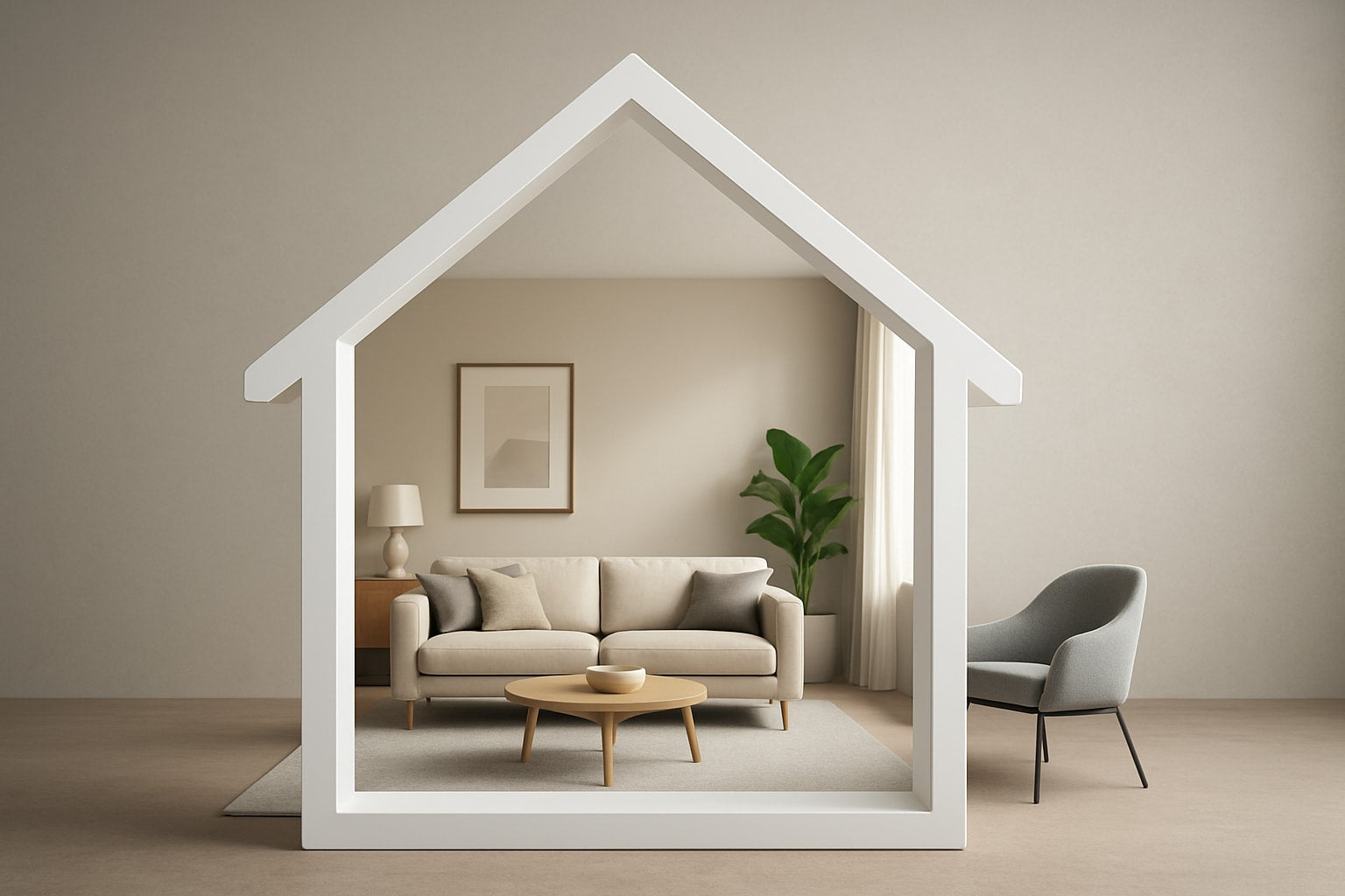 Modern interior design guide showcasing a minimalist living room with neutral tones and stylish furniture.