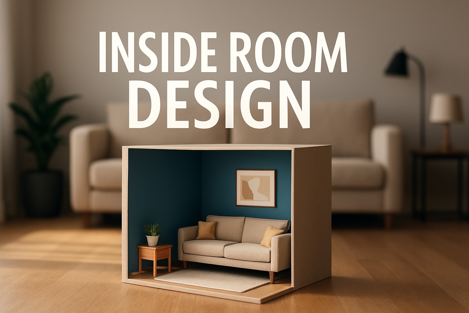 Inside Room Design concept with miniature modern living room setup in a small box, 2025 design trends.