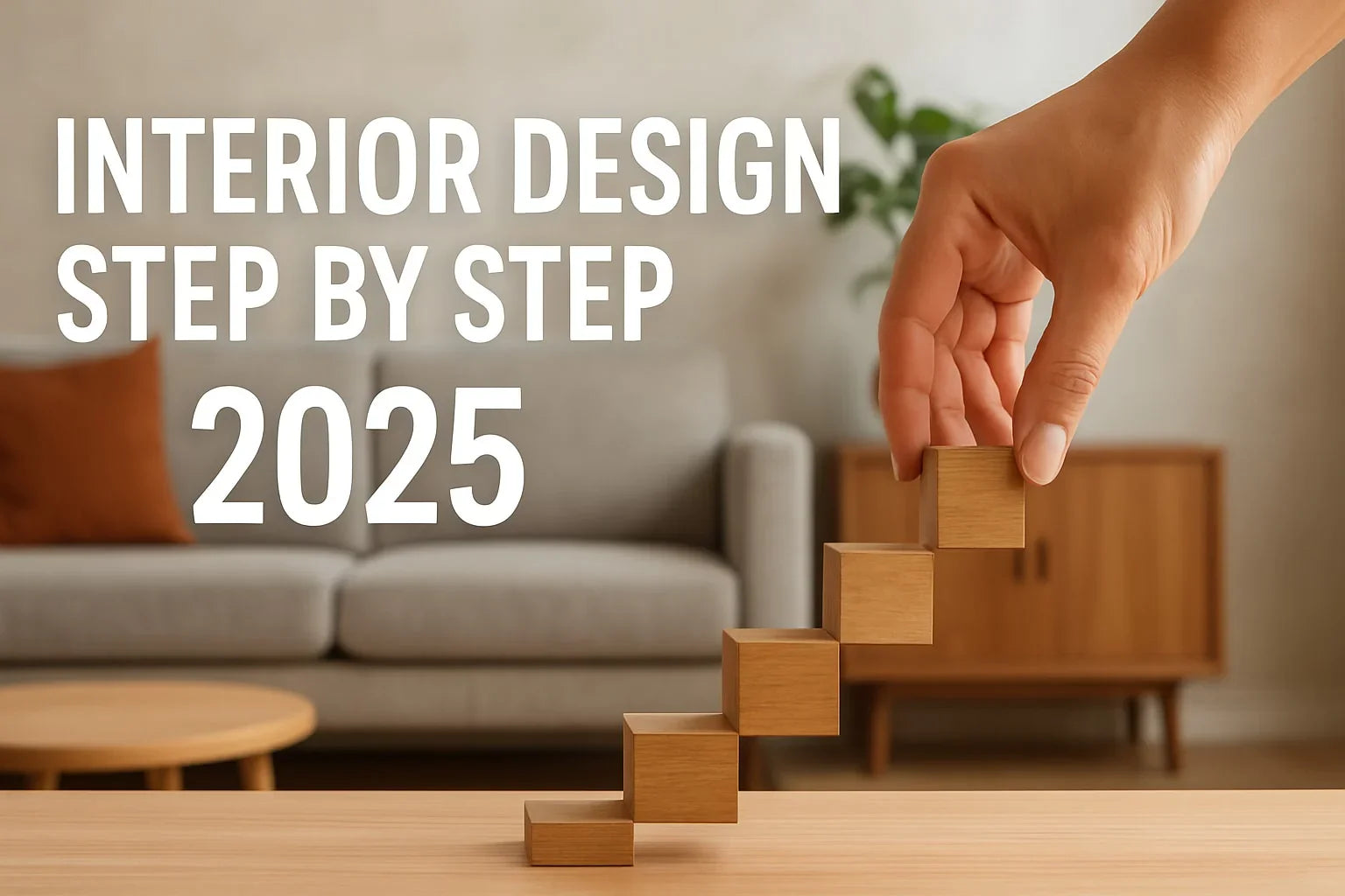 Steps symbolizing the interior design guide progression for 2025, featuring modern living room elements.
