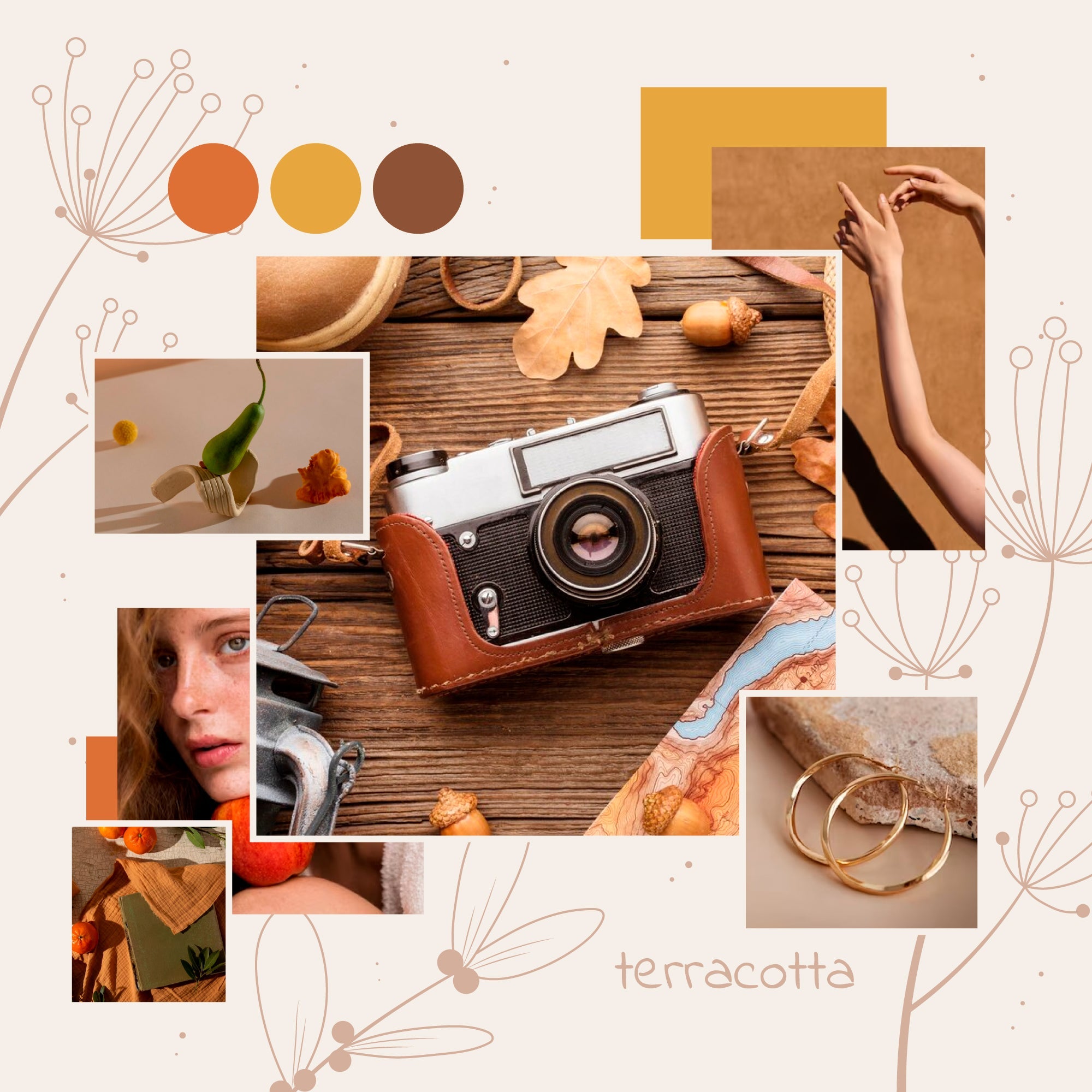Moodboard Templates showcasing a terracotta color palette with vintage camera and accessories.