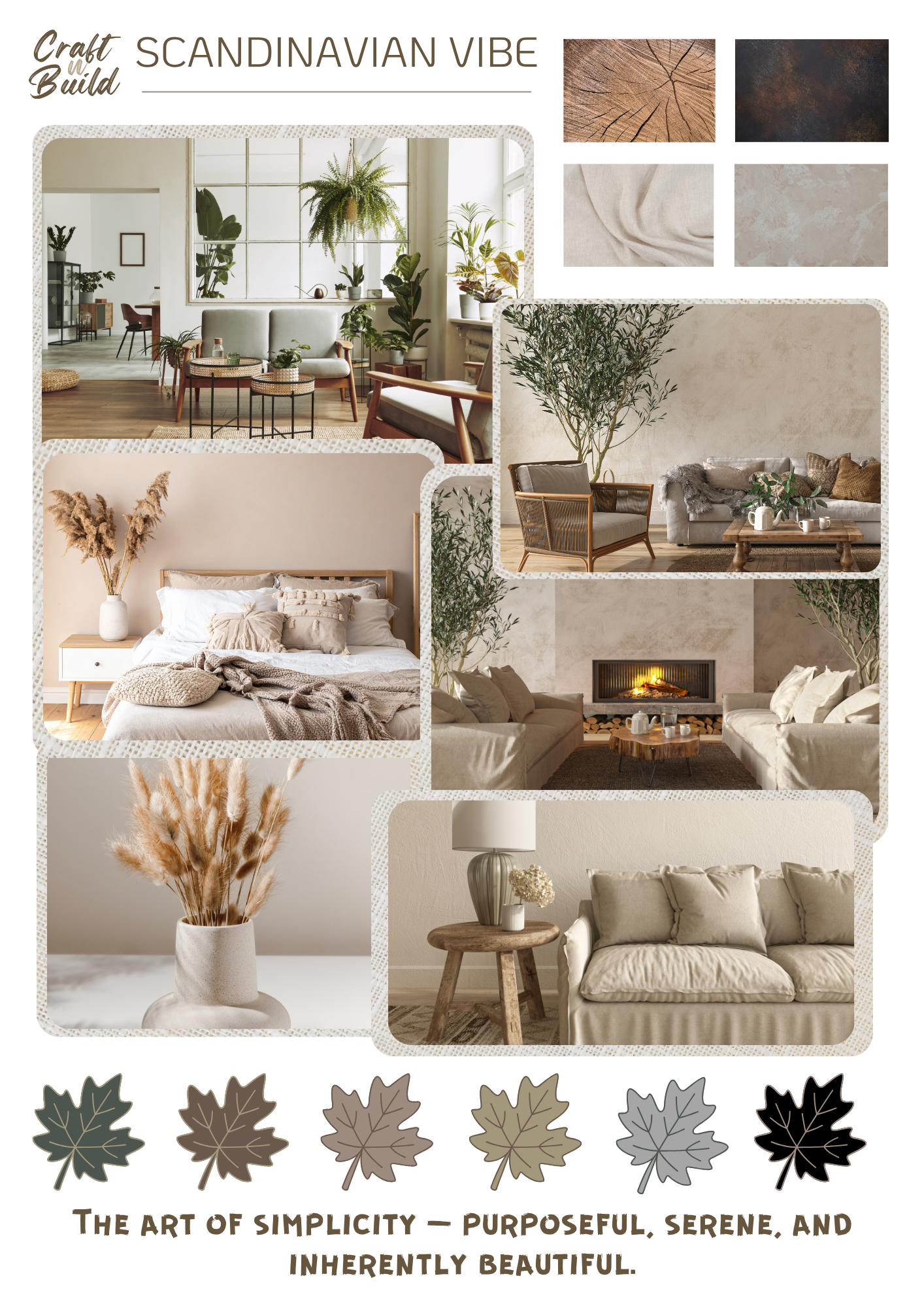 Scandinavian vibe moodboard showcasing modern minimalist interiors with serene, balanced designs and neutral color palette.