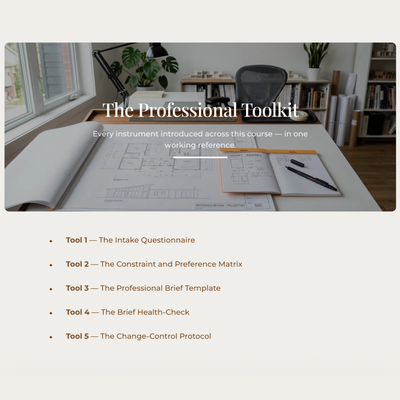 Interior design project brief document with structured client intake and professional guidelines