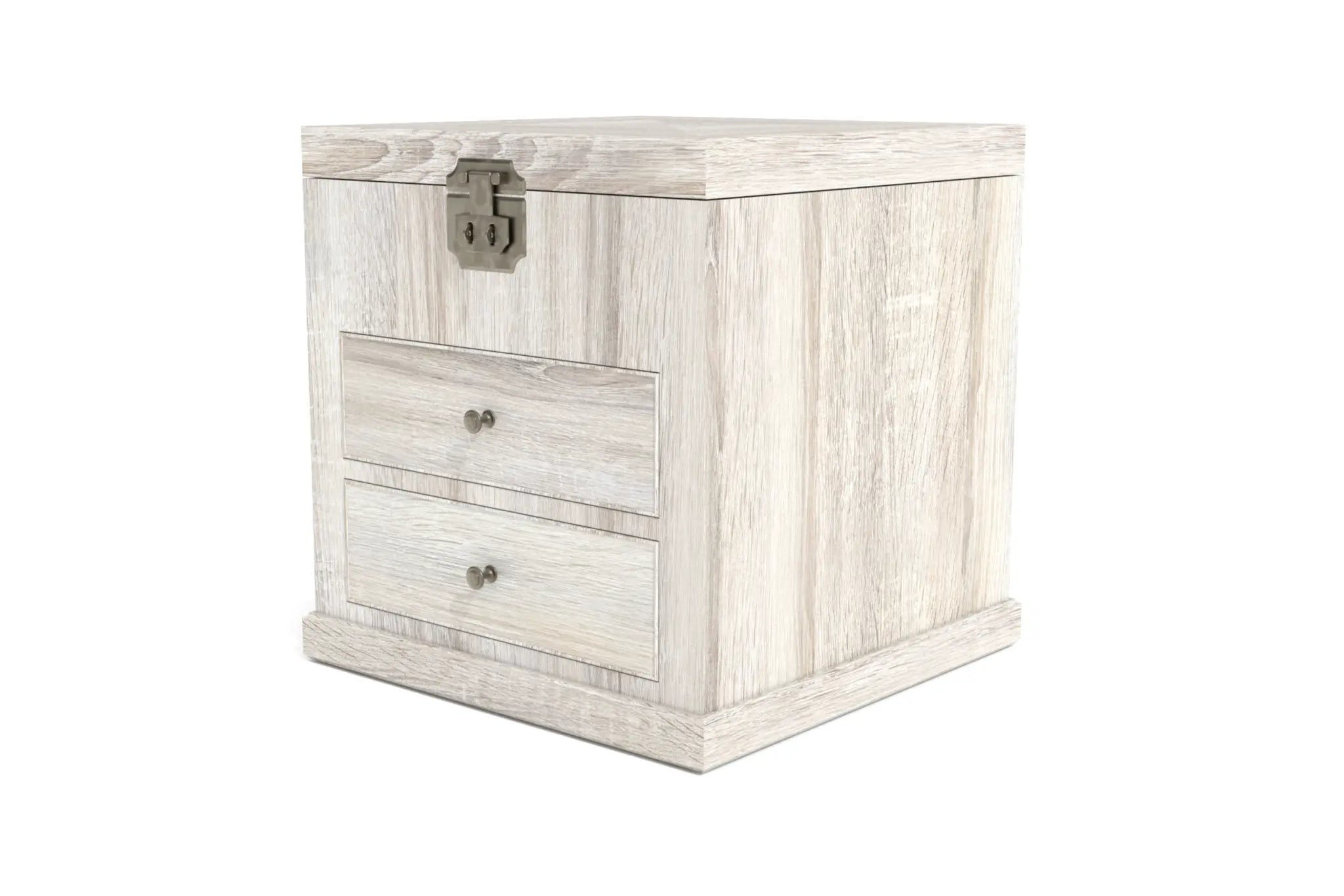 Vincent Bedside Cabinet - 3D CAD with textured wood finish, brass hardware, and latch detail.