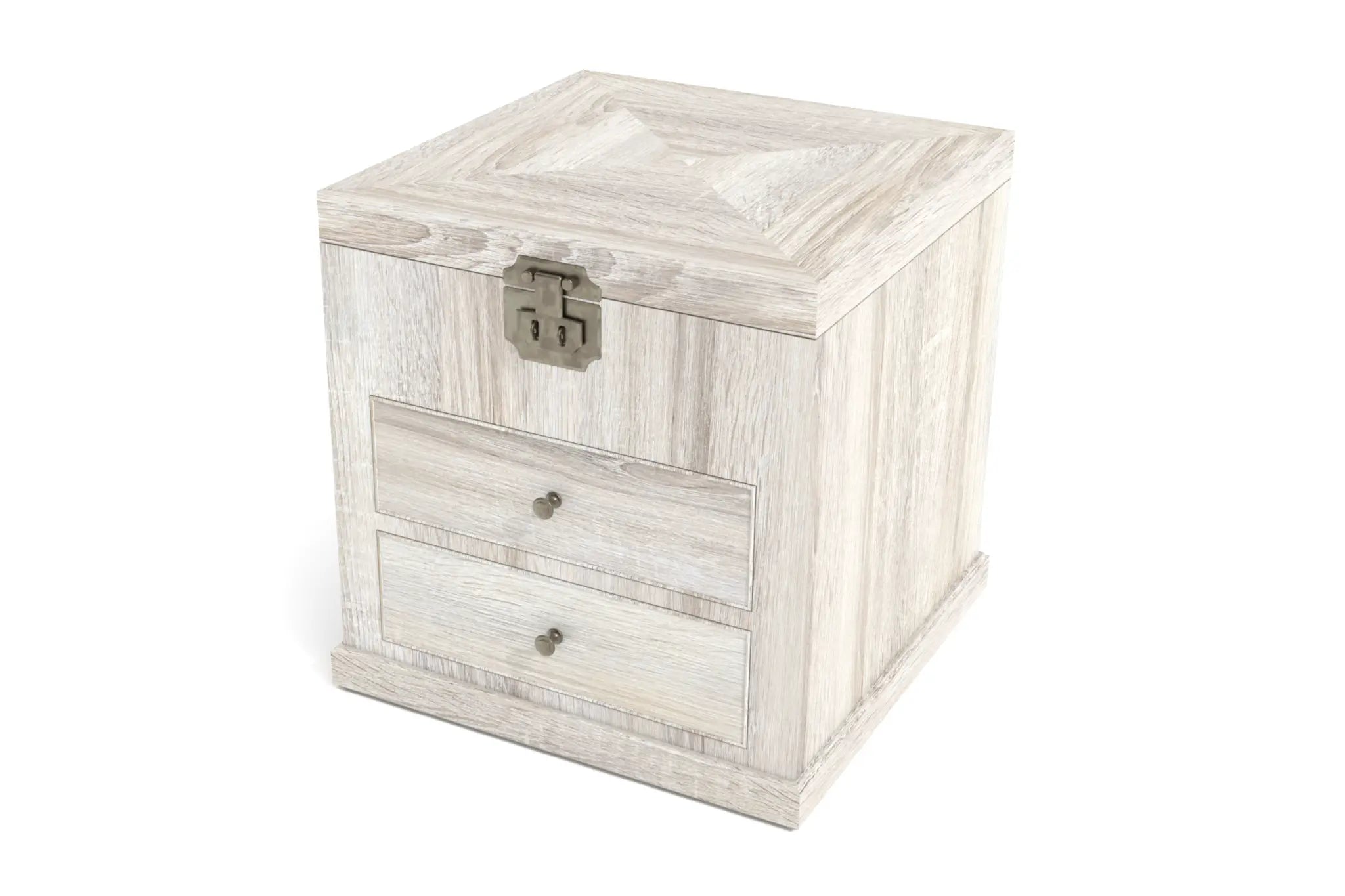 Vincent Bedside Cabinet - 3D CAD with weathered wood finish and brass hardware.