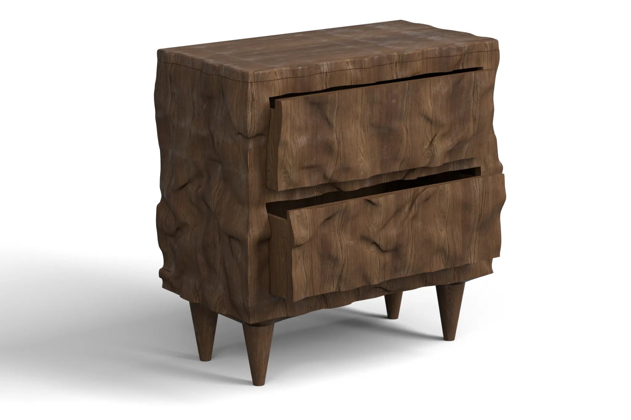 Alcatraz Hall Chest in walnut wood with sculptural design and tapered legs.