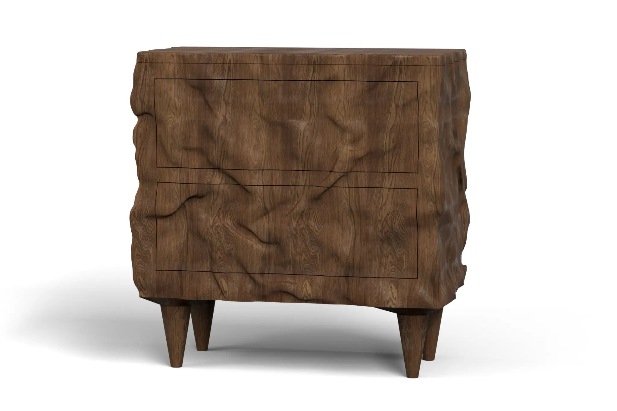 Alcatraz Hall Chest in solid walnut wood with sculptural form and integrated drawers, supported by tapered legs.
