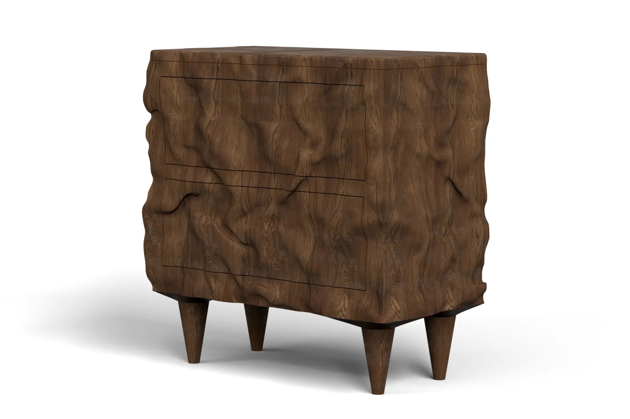 Alcatraz Hall Chest in walnut wood with sculptural design and tapered legs.