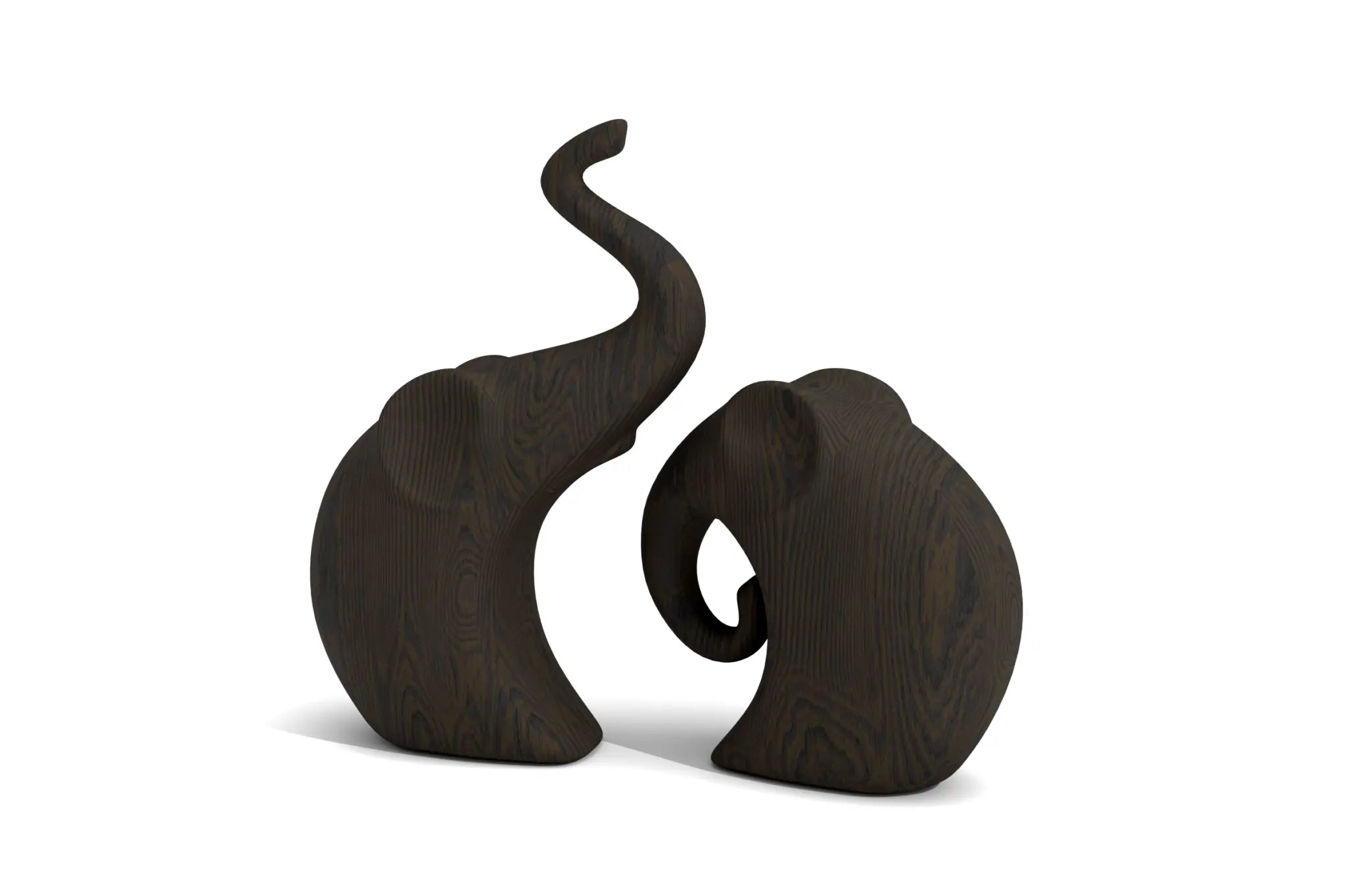 Hand carved pair of wooden elephant sculptures with smooth lines and abstract design.