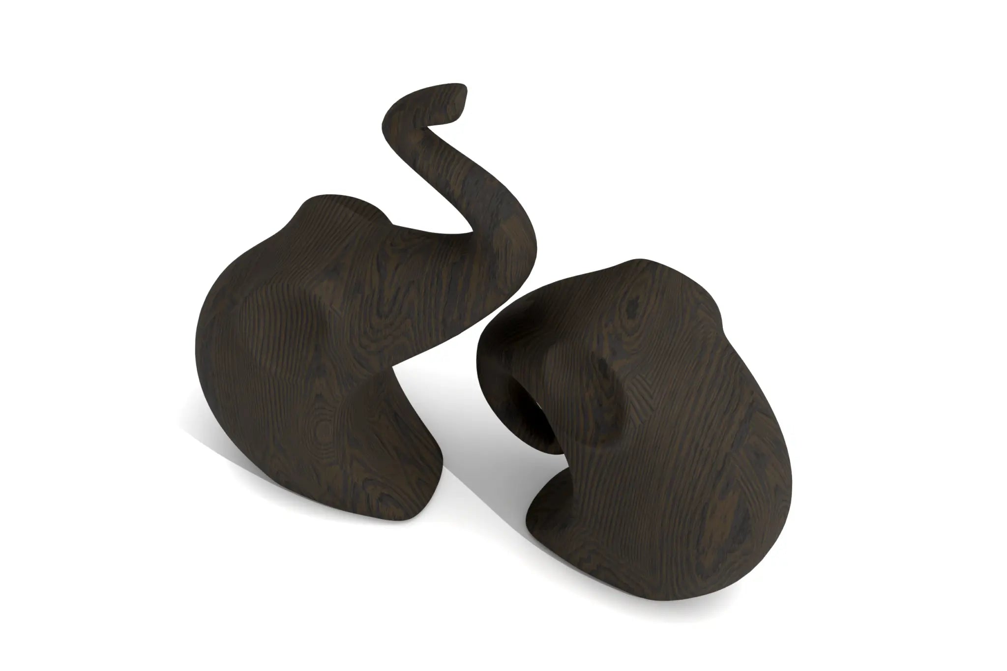 Hand carved pair of elephant sculptures with wood grain texture, minimalistic design.