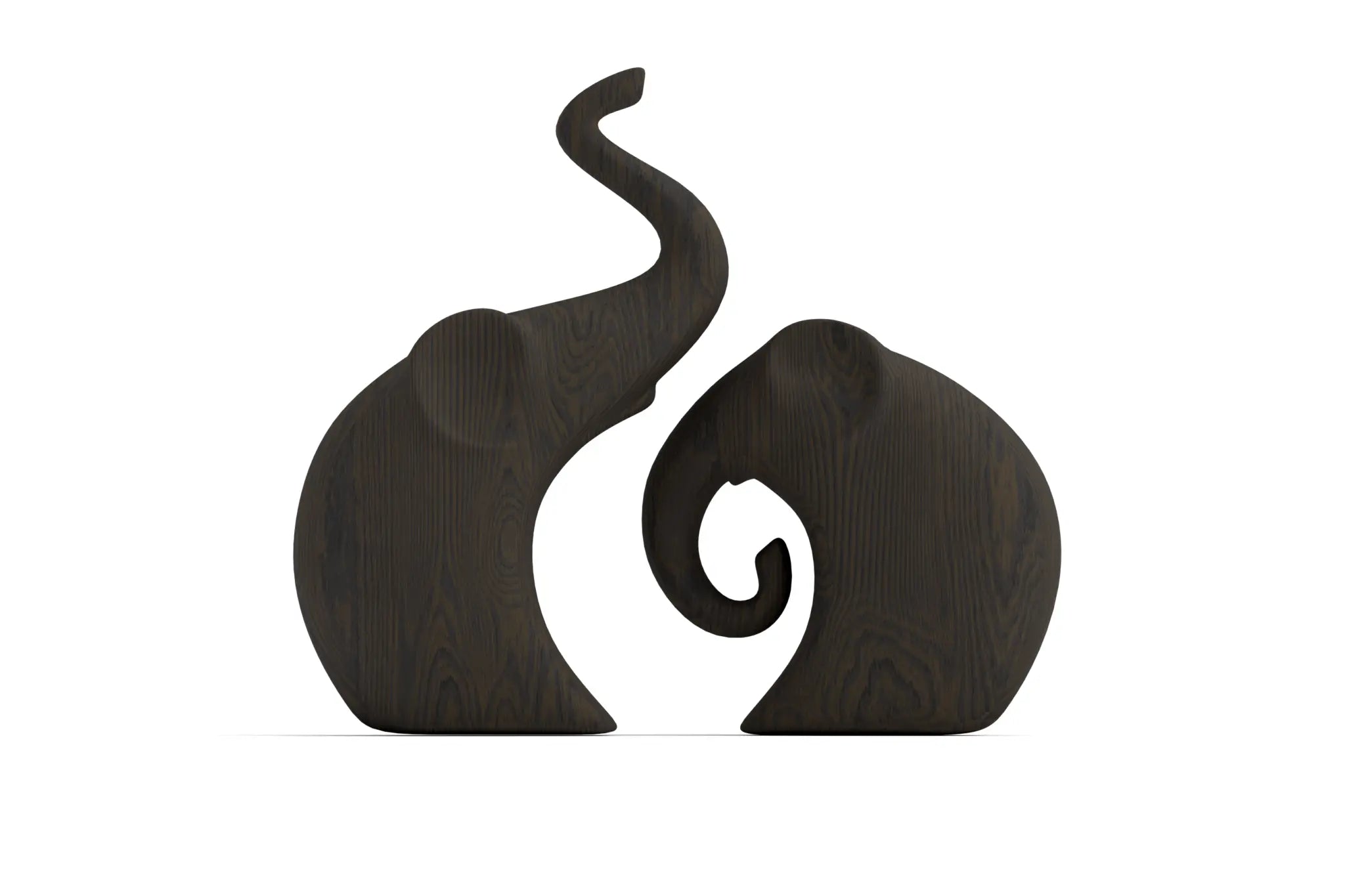 Hand carved pair of minimalist wooden elephants with curved trunks and smooth lines.