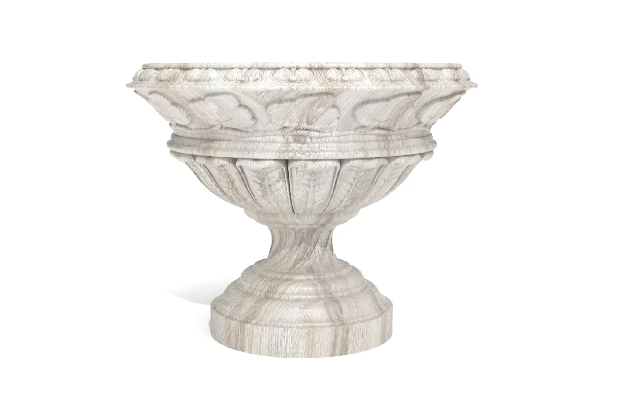 Handcarved fruit bowl with elegant curves, intricate detailing, and textured pattern on a fluted pedestal base.