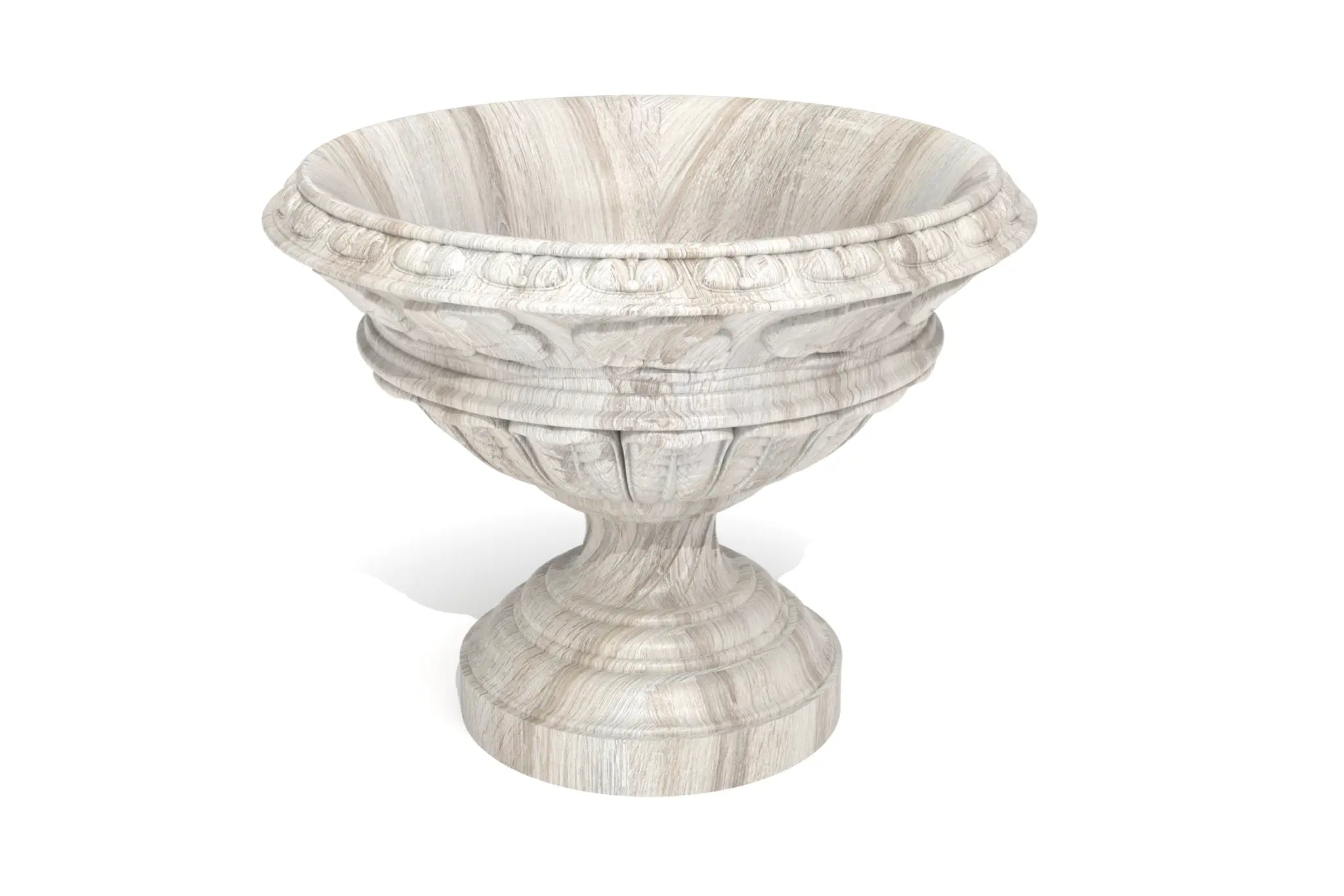 Handcarved fruit bowl with intricate design on pedestal base, 3D CAD model.