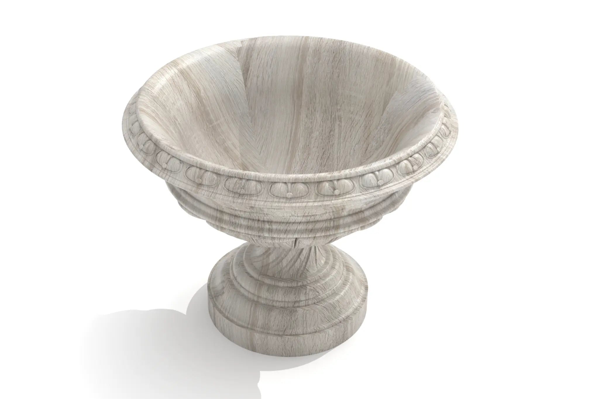Handcarved fruit bowl with elegant curves and intricate detailing on pedestal base.