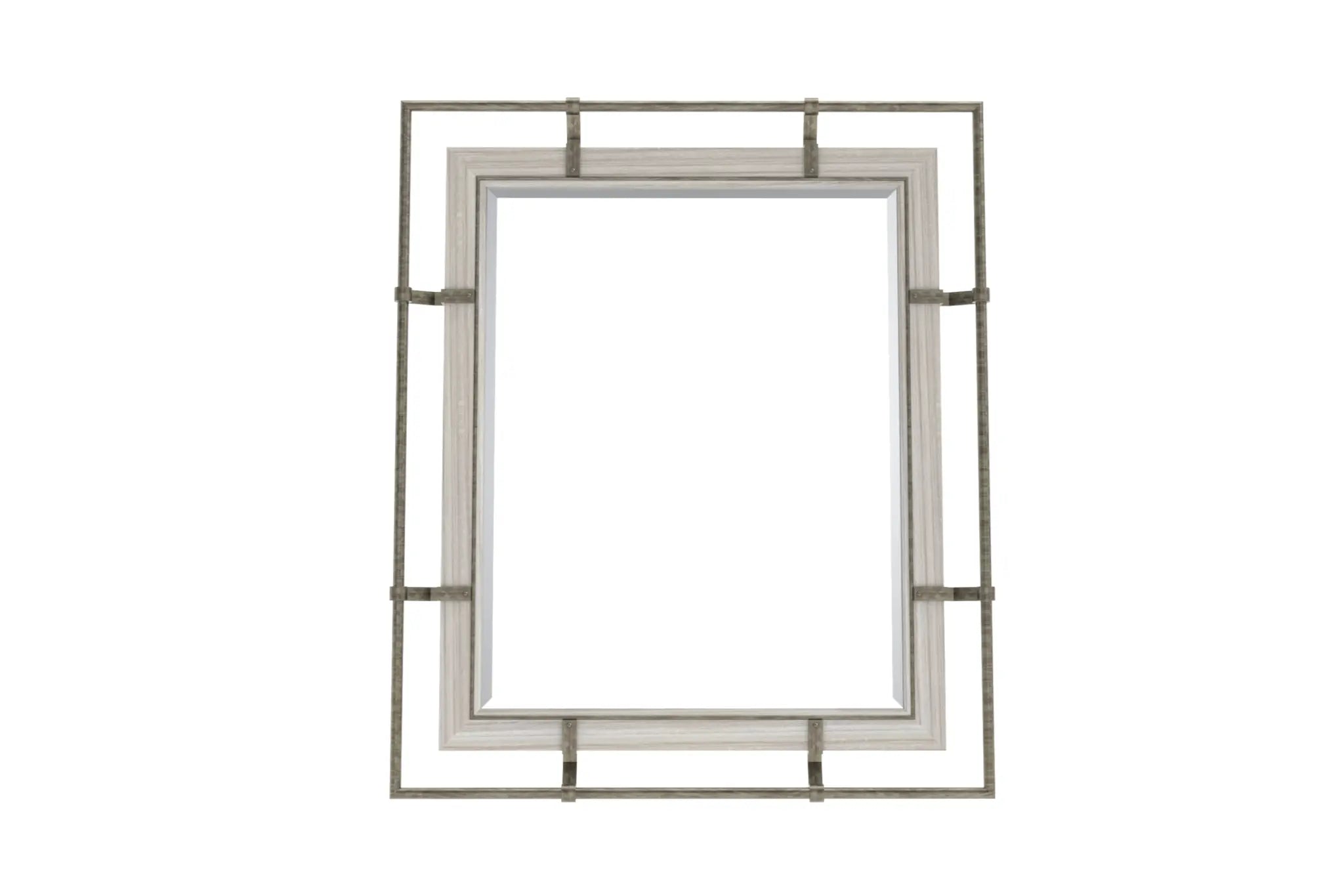 Pedro wall mirror with dual-frame design featuring natural wood and brushed metal, exuding modern industrial elegance.