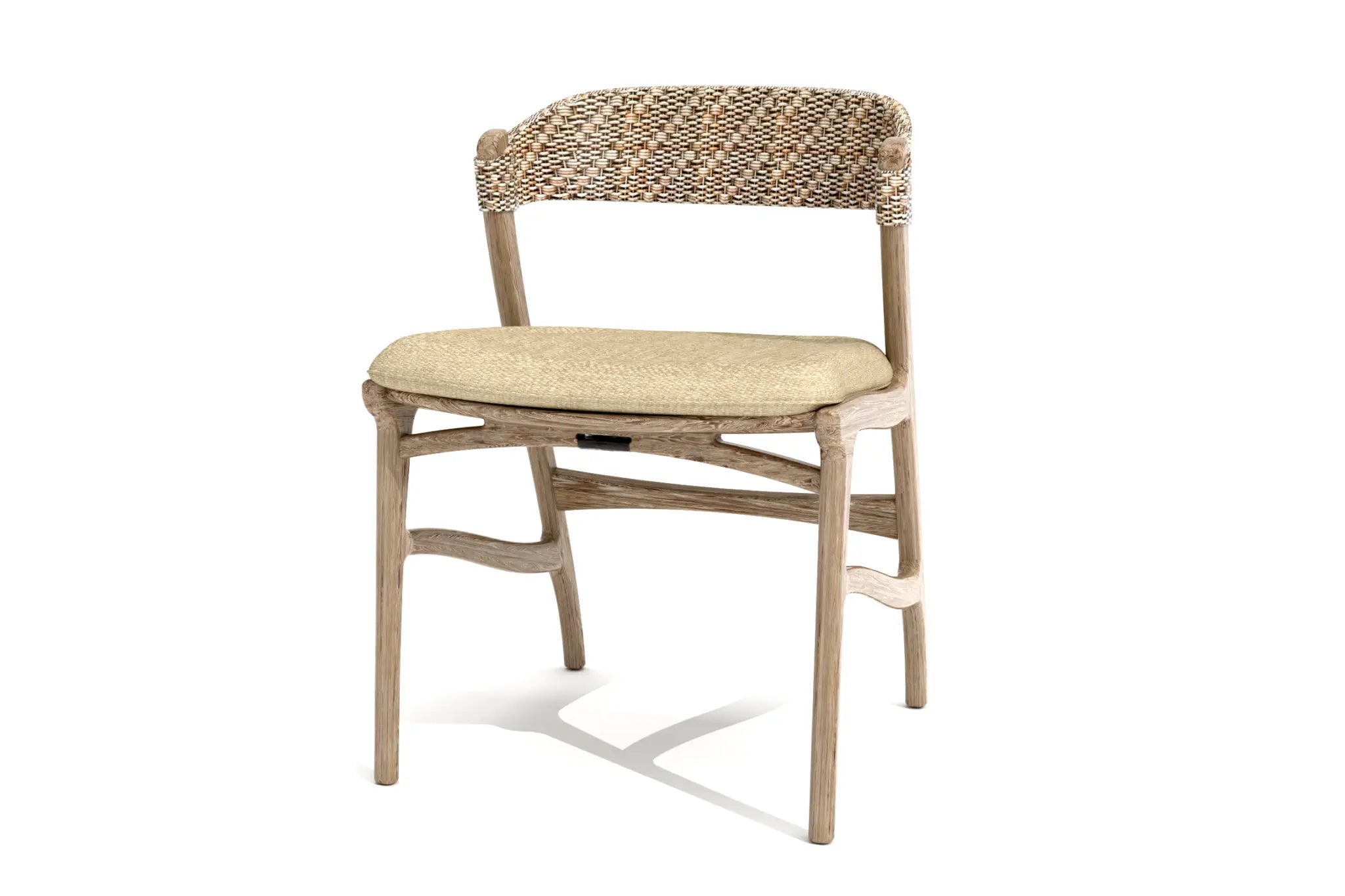 Javier Dining Chair in 3D CAD with curved wooden frame and woven rattan backrest.