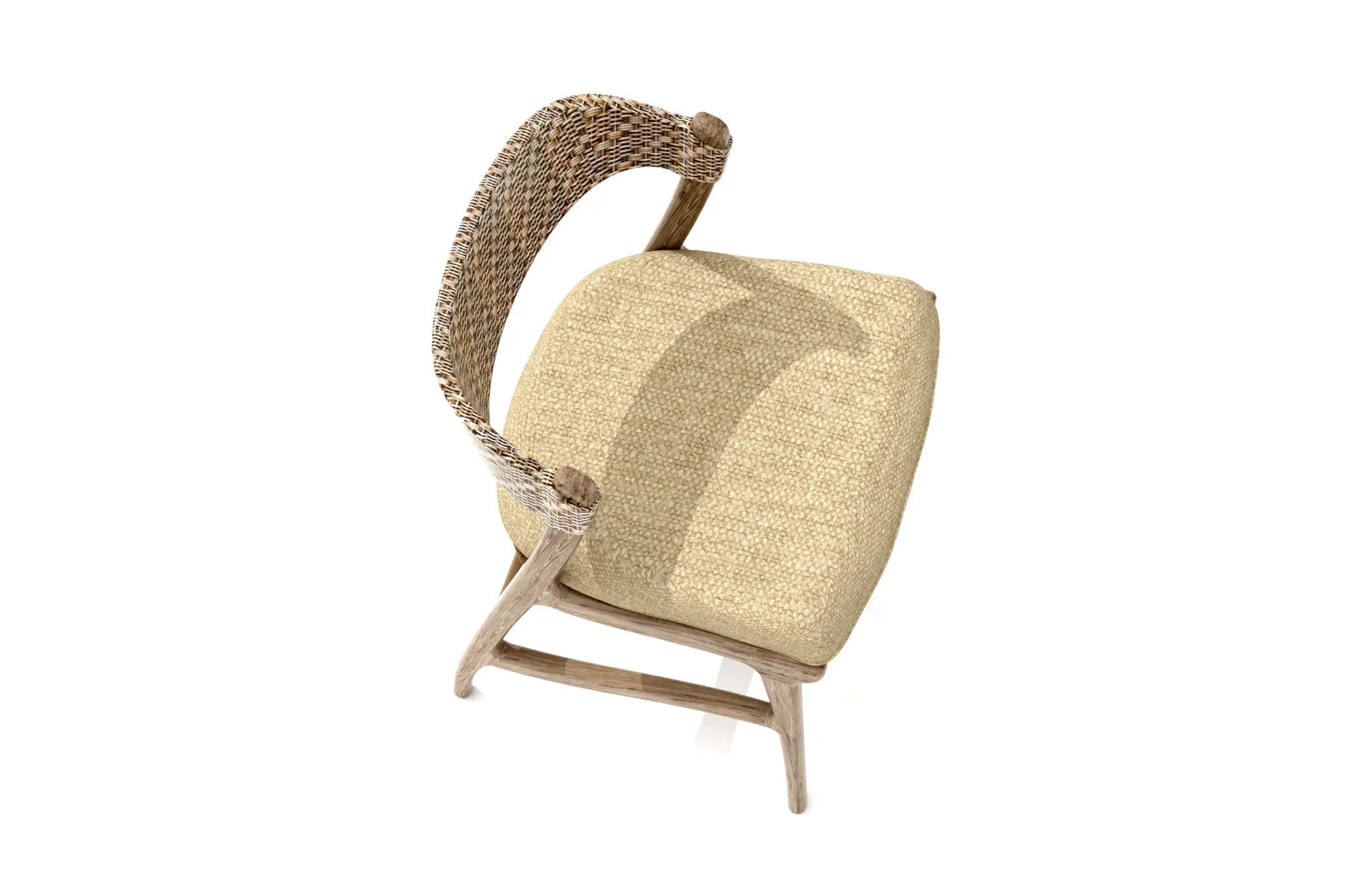 Javier Dining Chair in 3D CAD with woven rattan backrest and weathered wooden frame.
