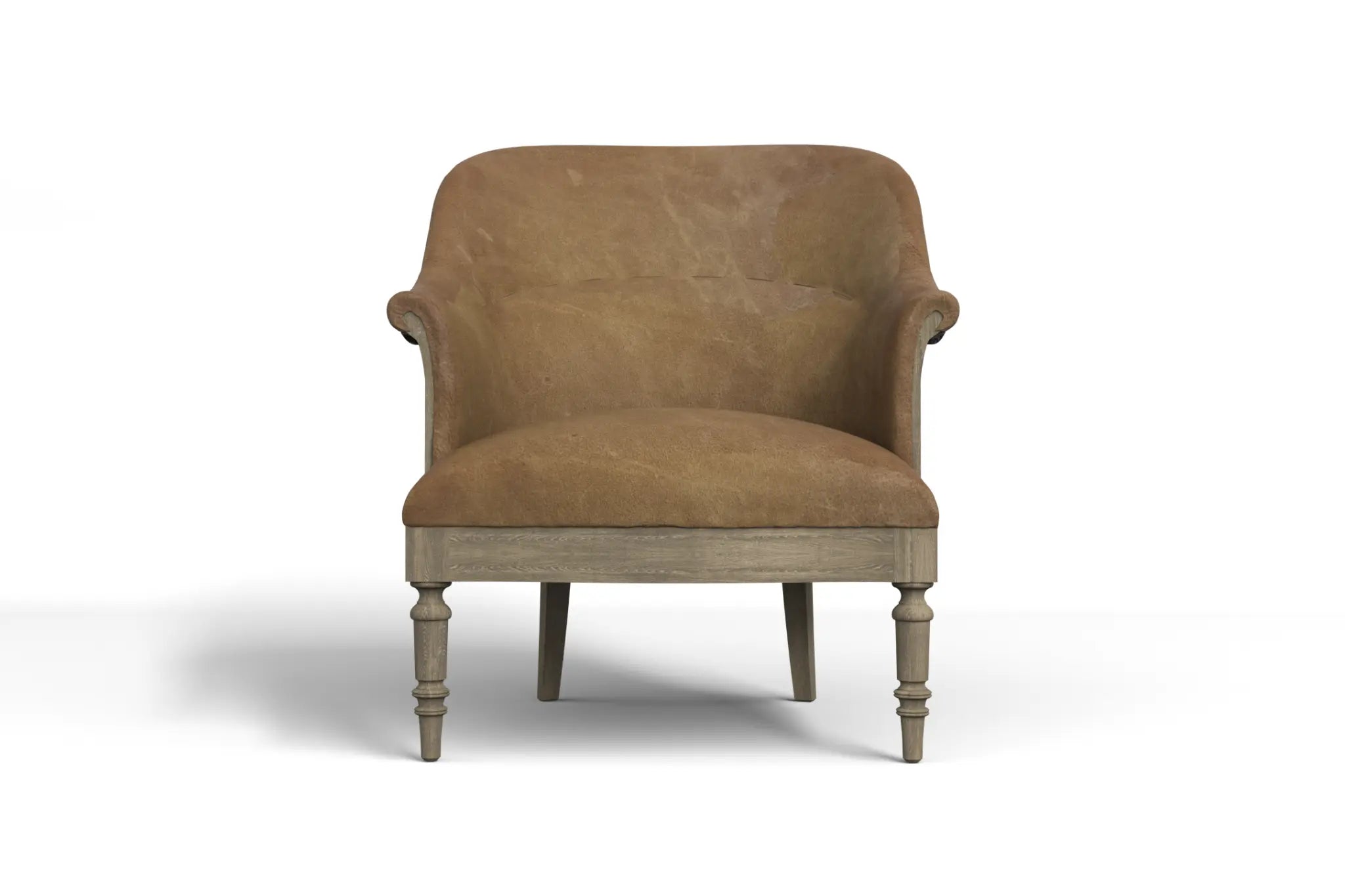 Napoleon Lounge Chair with wood frame, distressed finish, turned legs, and suede-like upholstery, 3D CAD design.