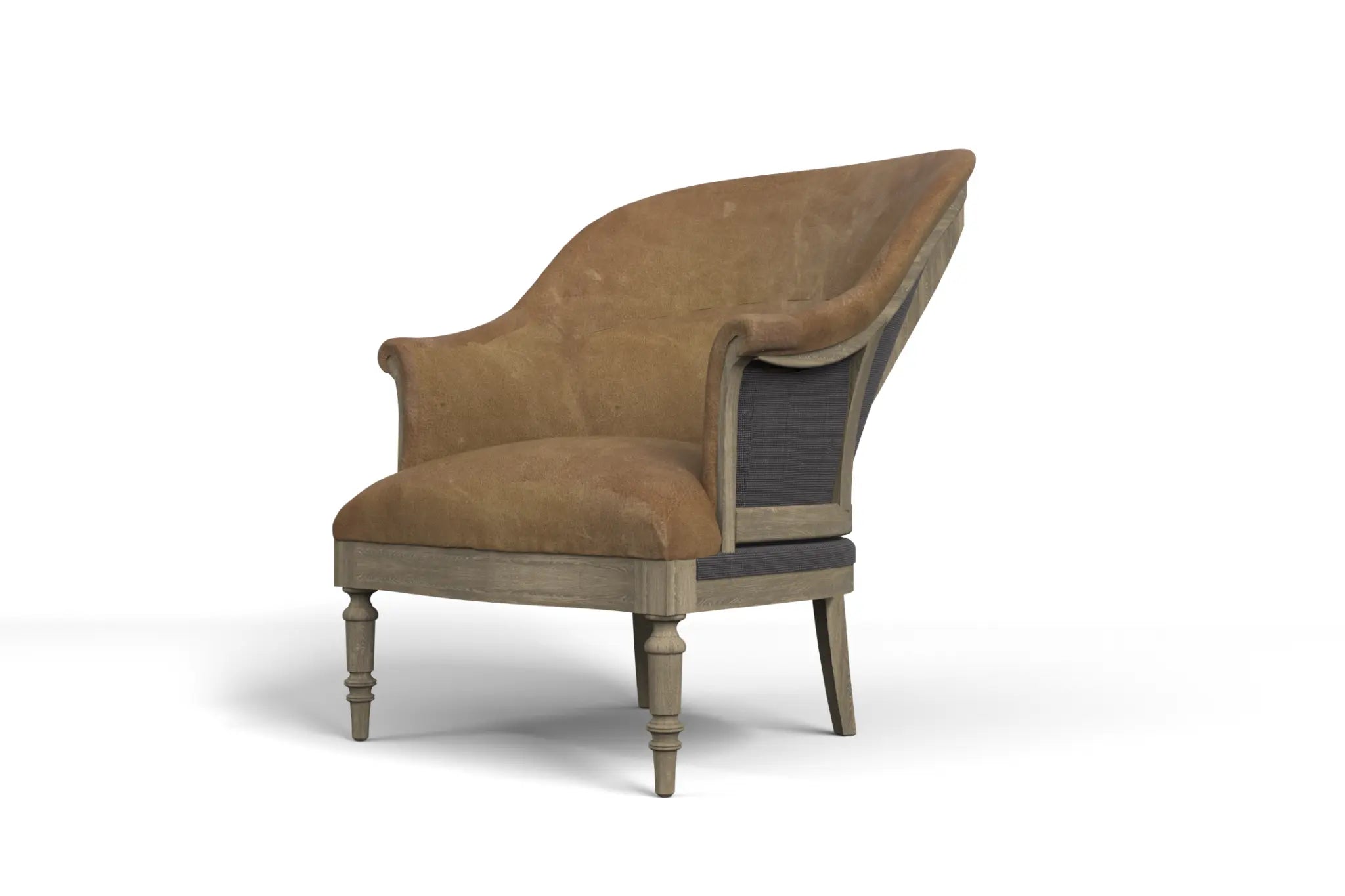 Napoleon Lounge Chair - 3D CAD rendering with turned legs and arched backrest, featuring suede-like upholstery.