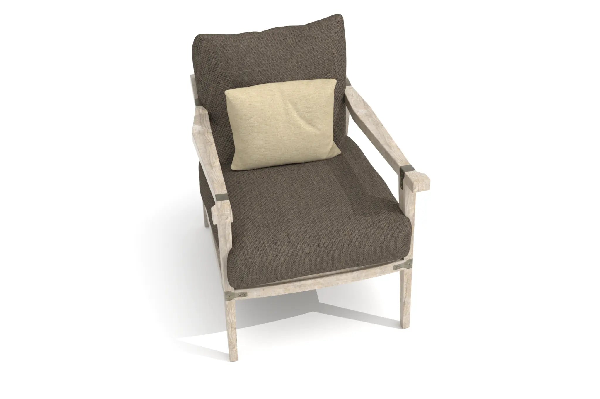 Lucerne Lounge Chair 3D CAD with wooden frame and accent pillow, rustic farmhouse and industrial design.