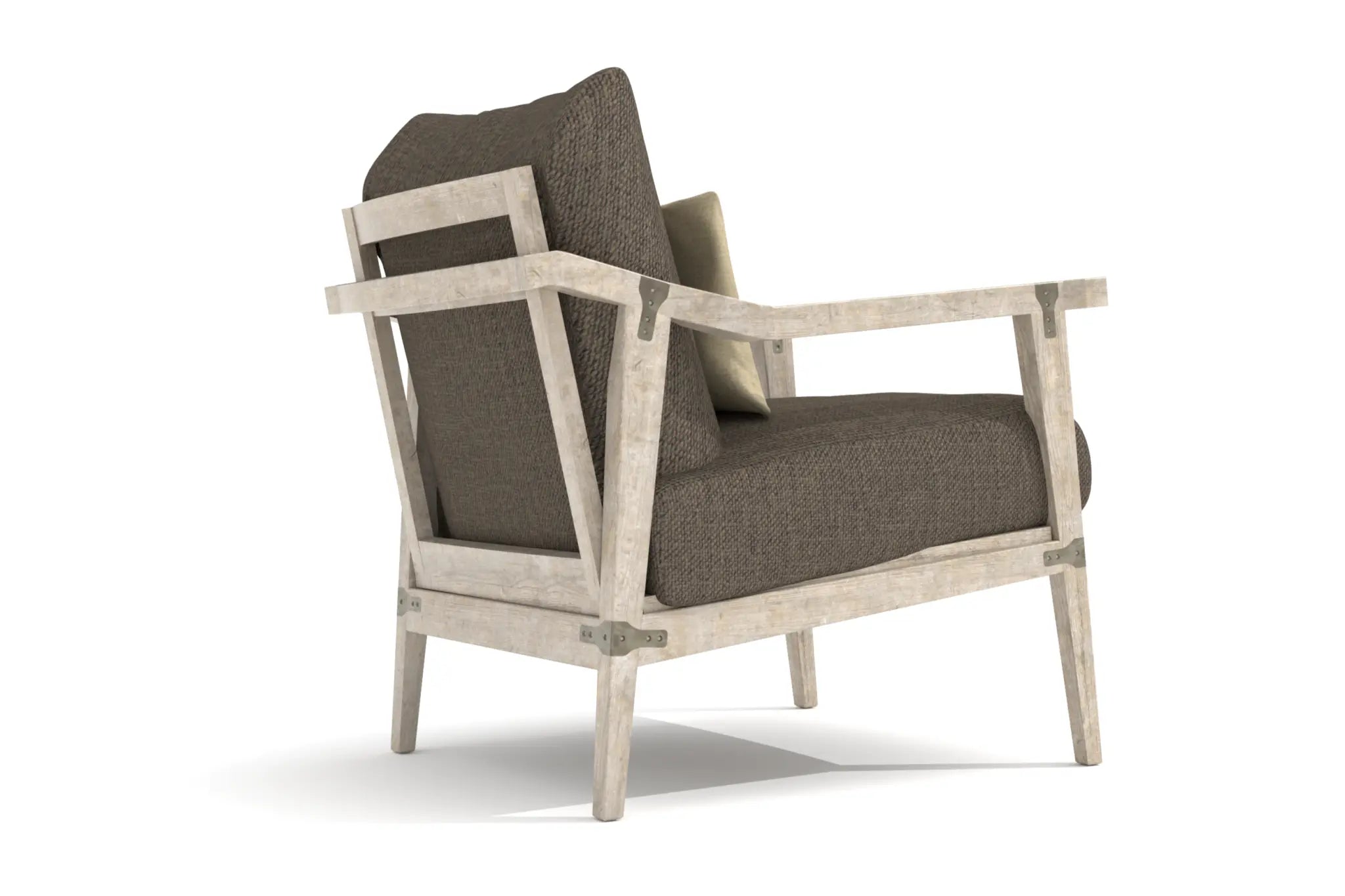 Lucerne Lounge Chair 3D CAD model showcasing rustic wooden frame with metal accents and woven upholstery.