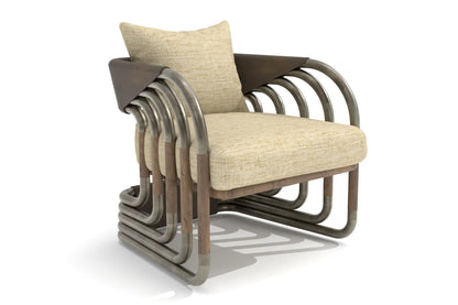 Juntos Lounge Chair with brass and walnut frame, and Belgian linen cushions.
