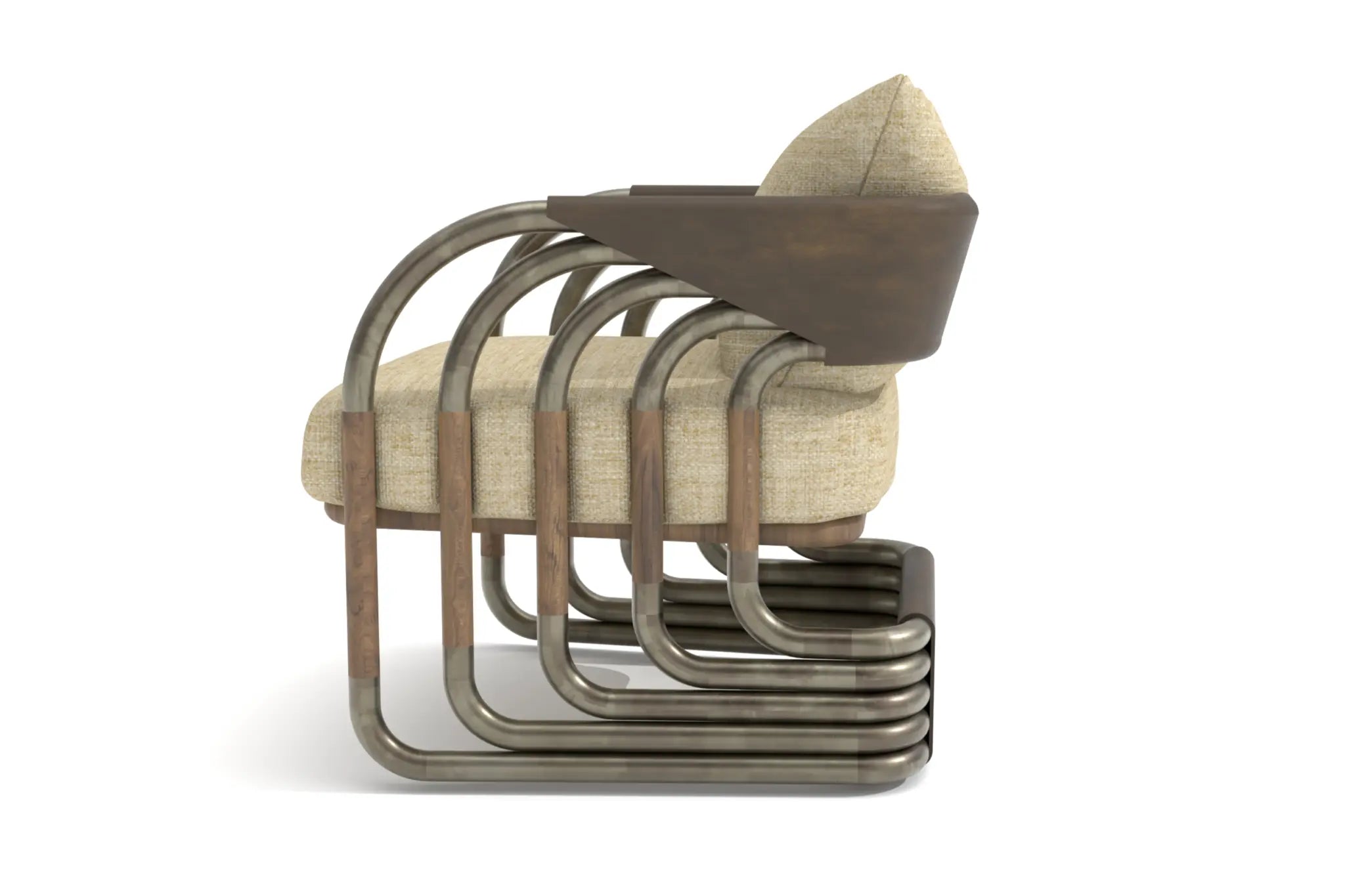 Juntos Lounge Chair with brass frame, walnut accents, leather-wrapped armrests, and natural Belgian linen cushions.