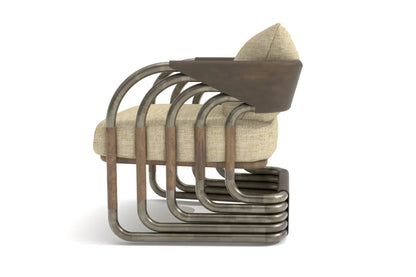 Juntos Lounge Chair with brass frame, walnut accents, leather-wrapped armrests, and natural Belgian linen cushions.