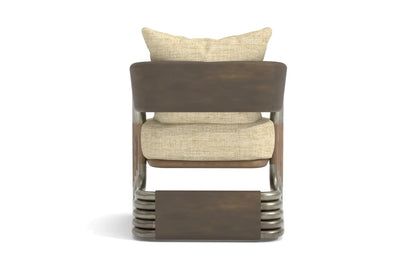 Juntos Lounge Chair with brass frame, walnut accents, and Belgian linen cushions.