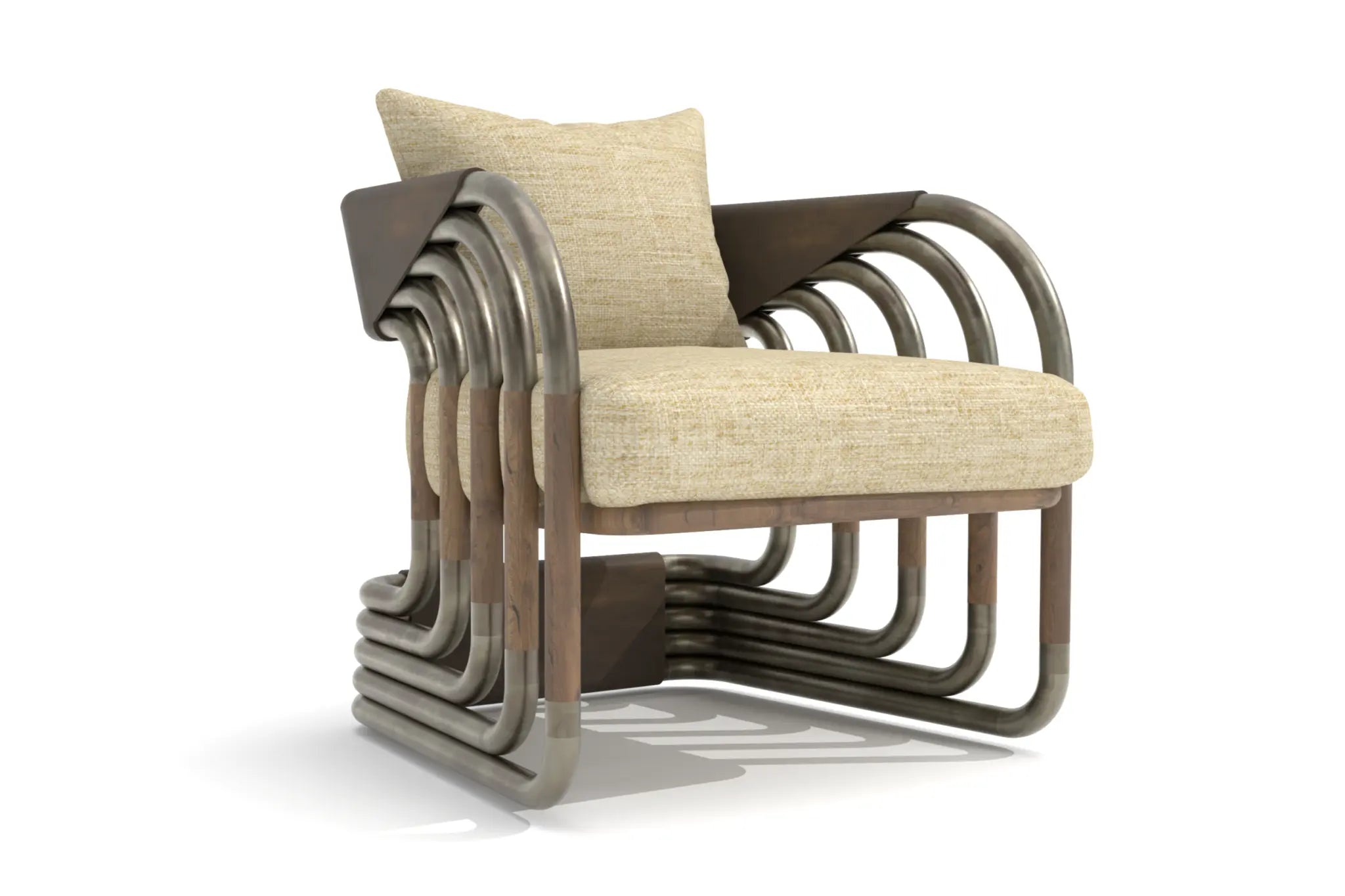 Juntos Lounge Chair with brass and walnut frame, leather accents, and linen cushions.