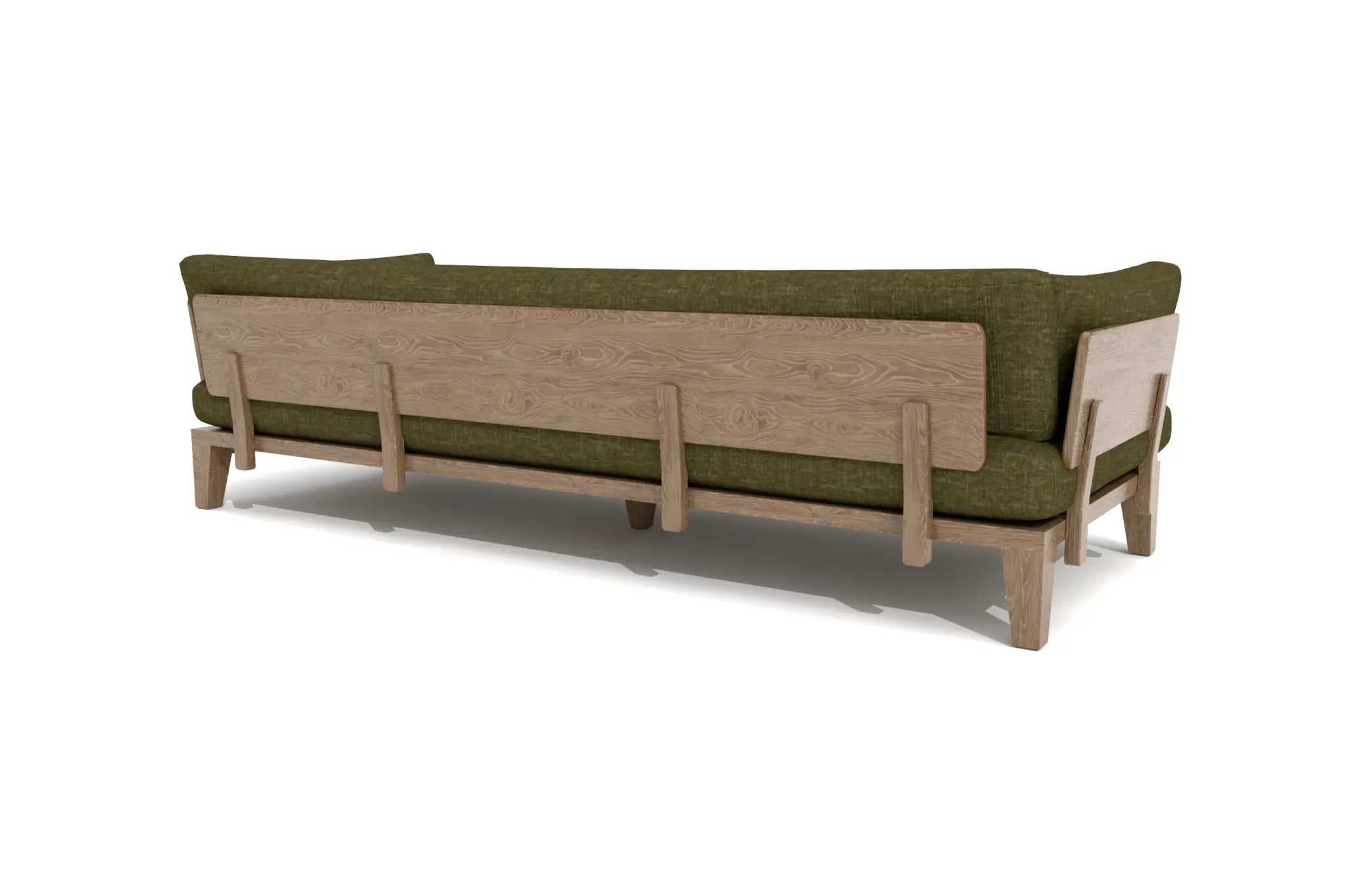 Ralph 3 seat casual comfort sofa with olive-green upholstery and light-brown wooden frame in 3D CAD design.