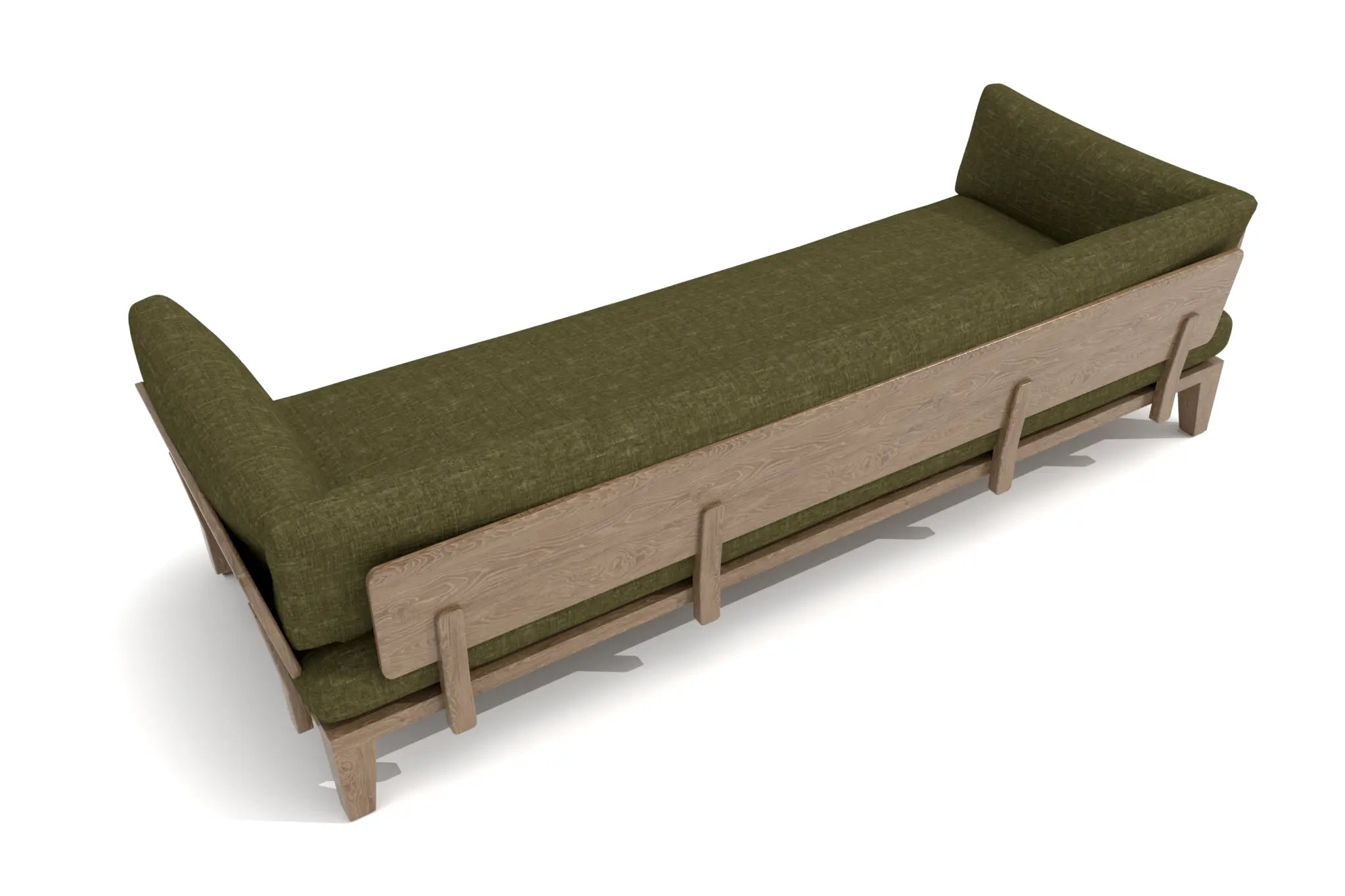 Ralph 3 seat casual comfort sofa in olive-green upholstery with light-brown wooden frame, 3D CAD model.