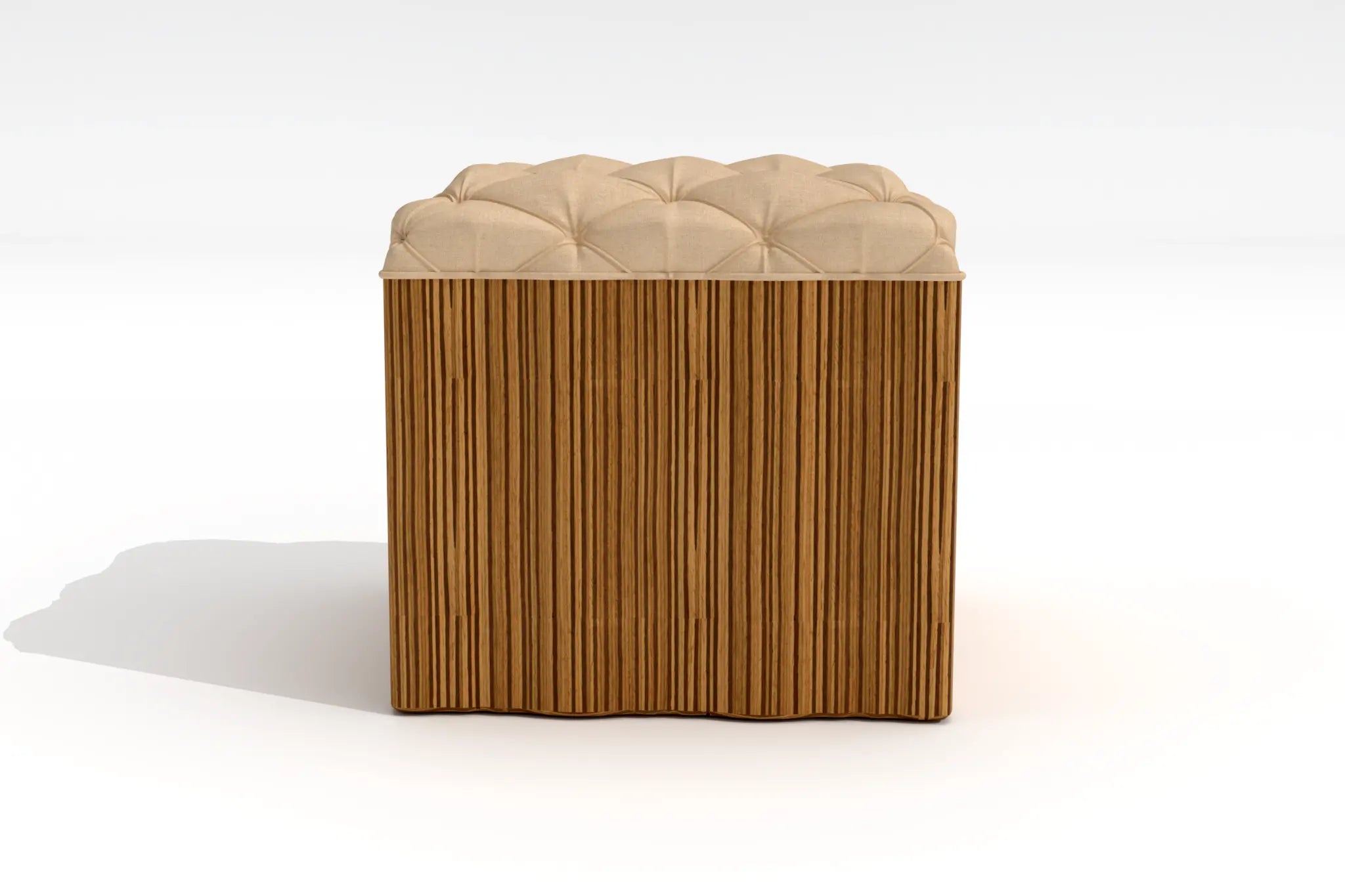 Yocatan Ottoman 3D CAD render featuring ribbed wood base and tufted upholstery design.