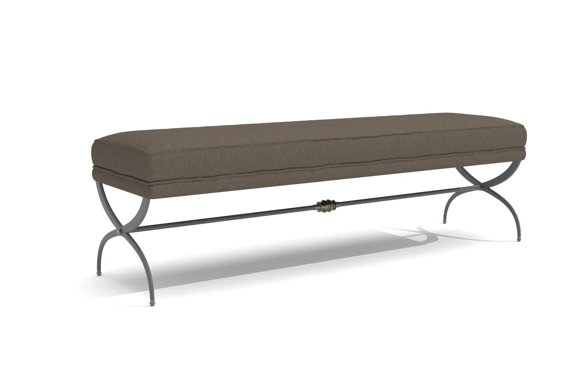 Taurug Bed-end Bench with upholstered cushion and X-shape metal base in 3D CAD rendering.