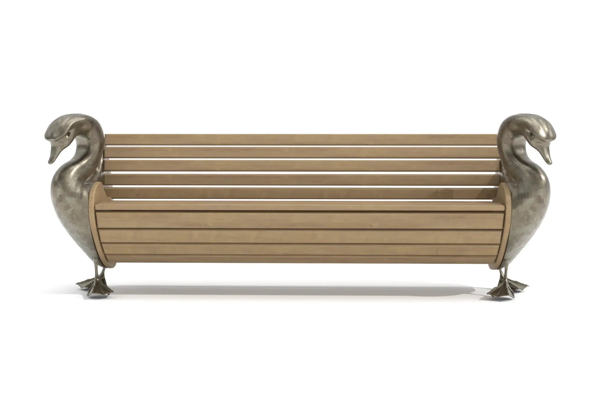 Elegant Svan Bench with teak wood and bronze swan sculptures.