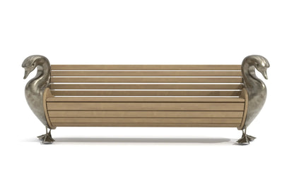 Elegant Svan Bench with teak wood and bronze swan sculptures.