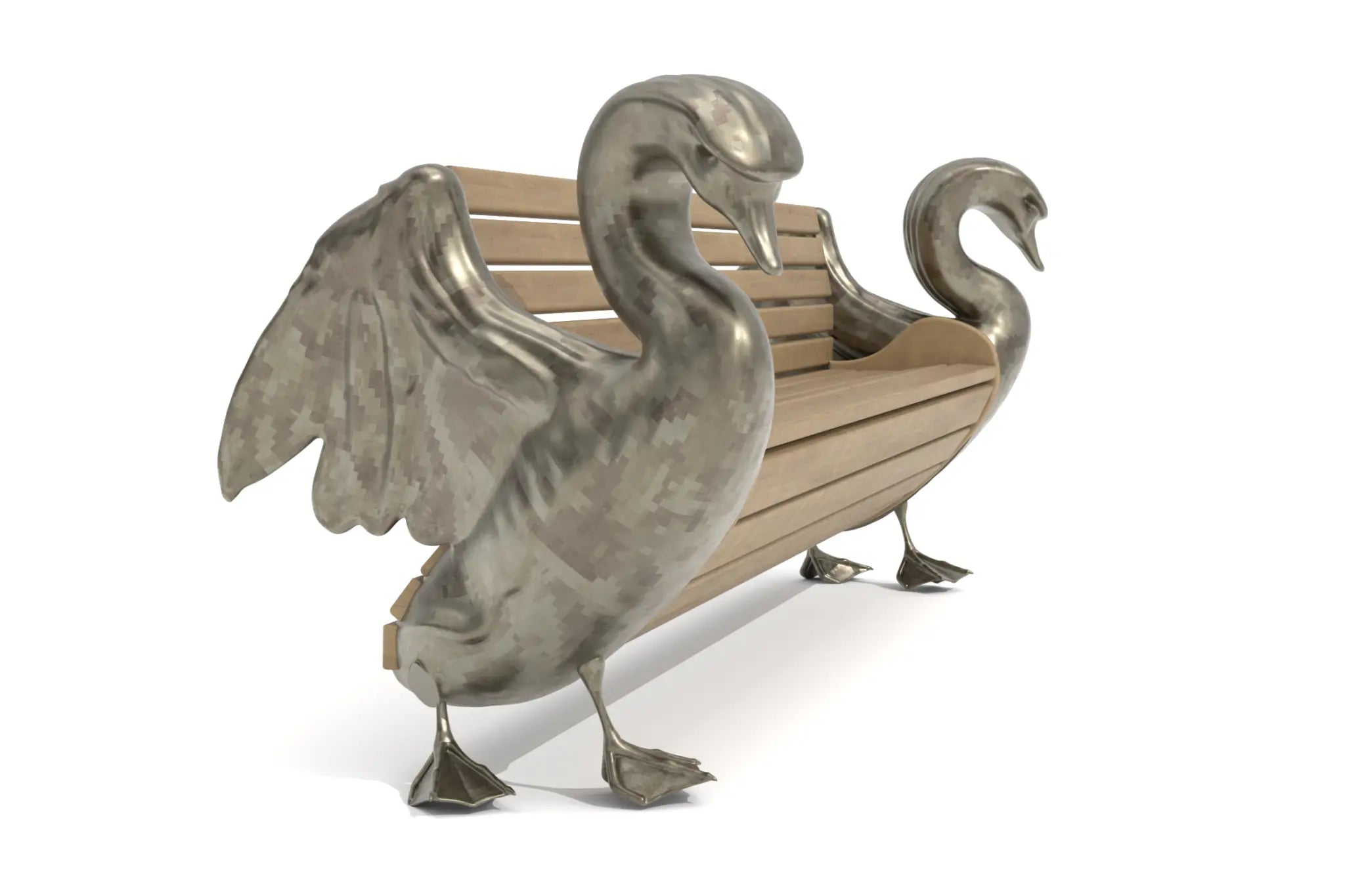 Svan Bench with bronze swan sculptures and teak wood seating.