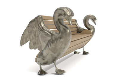 Svan Bench with bronze swan sculptures and teak wood seating.