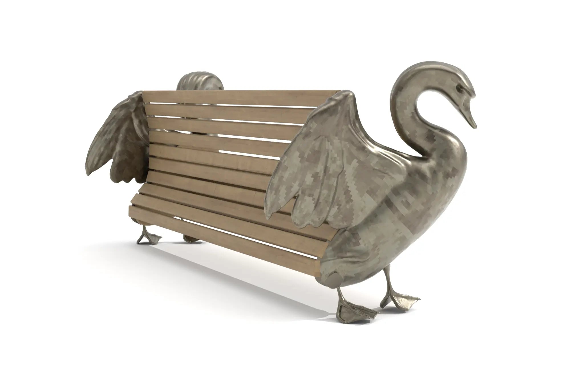Svan Bench with teak wood seat and bronze swan sculptures.