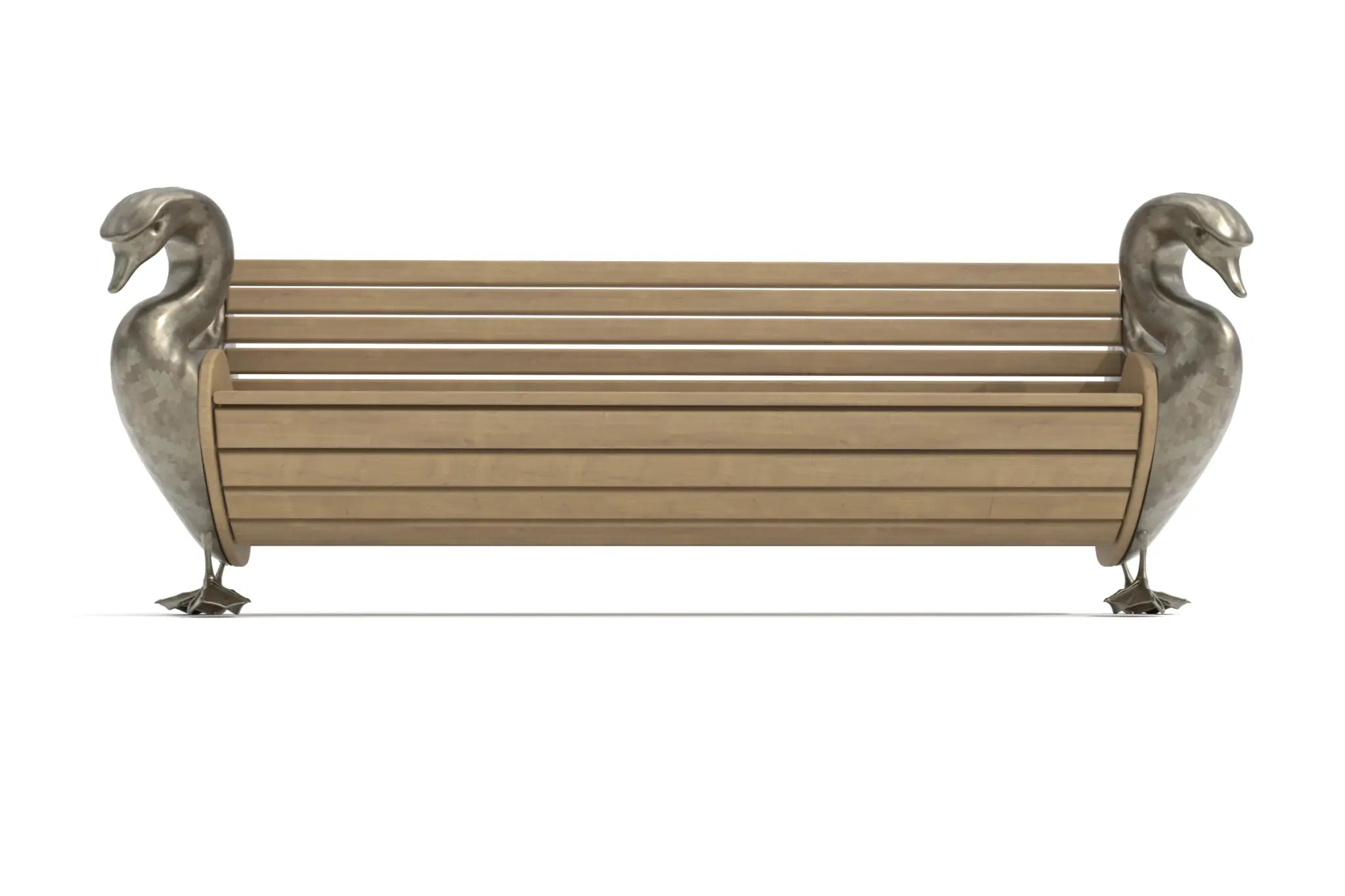 Svan Bench with teak and bronze swan sculptures.