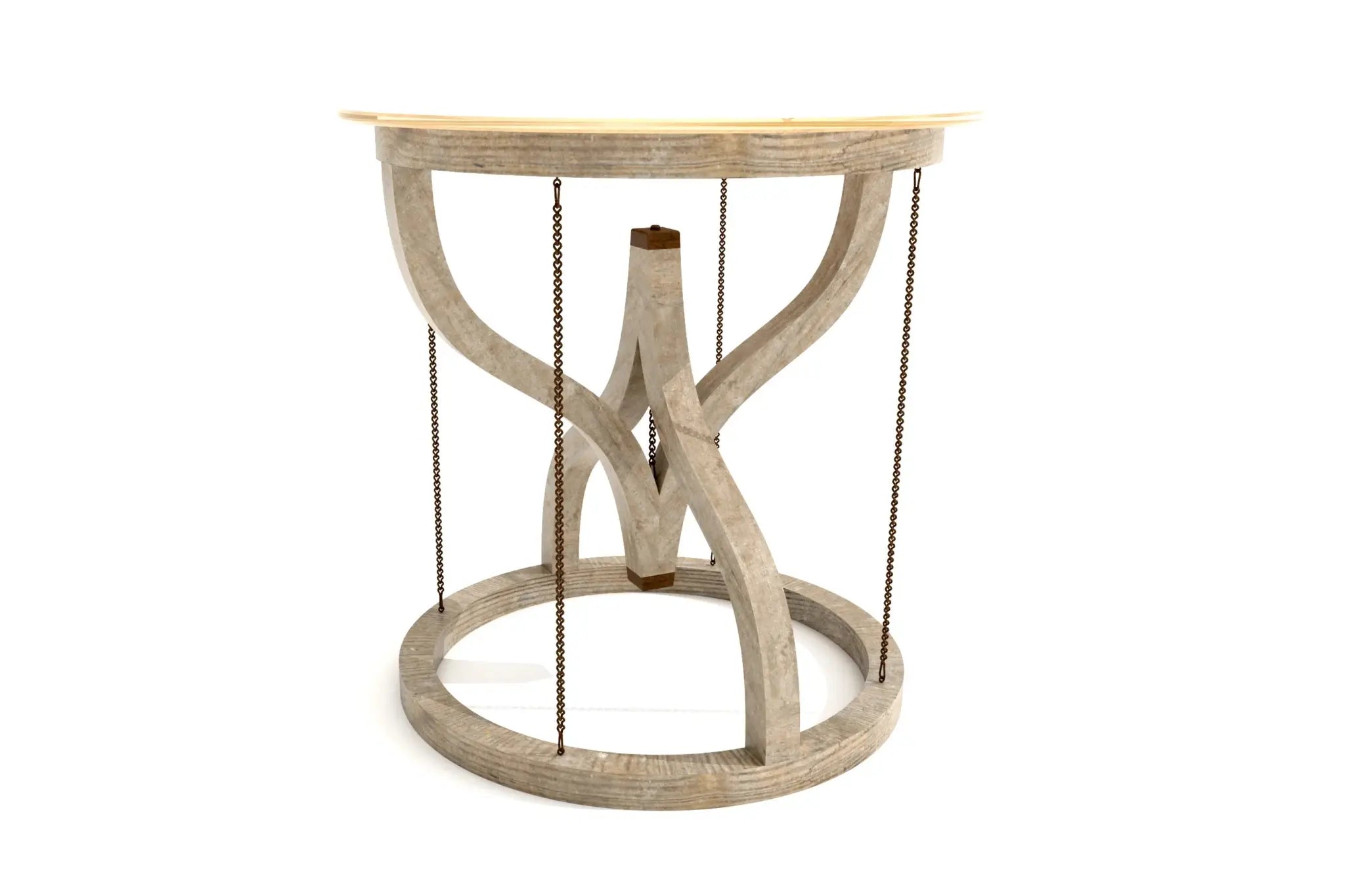 Gravity Side Table with curved wooden supports and glass top.