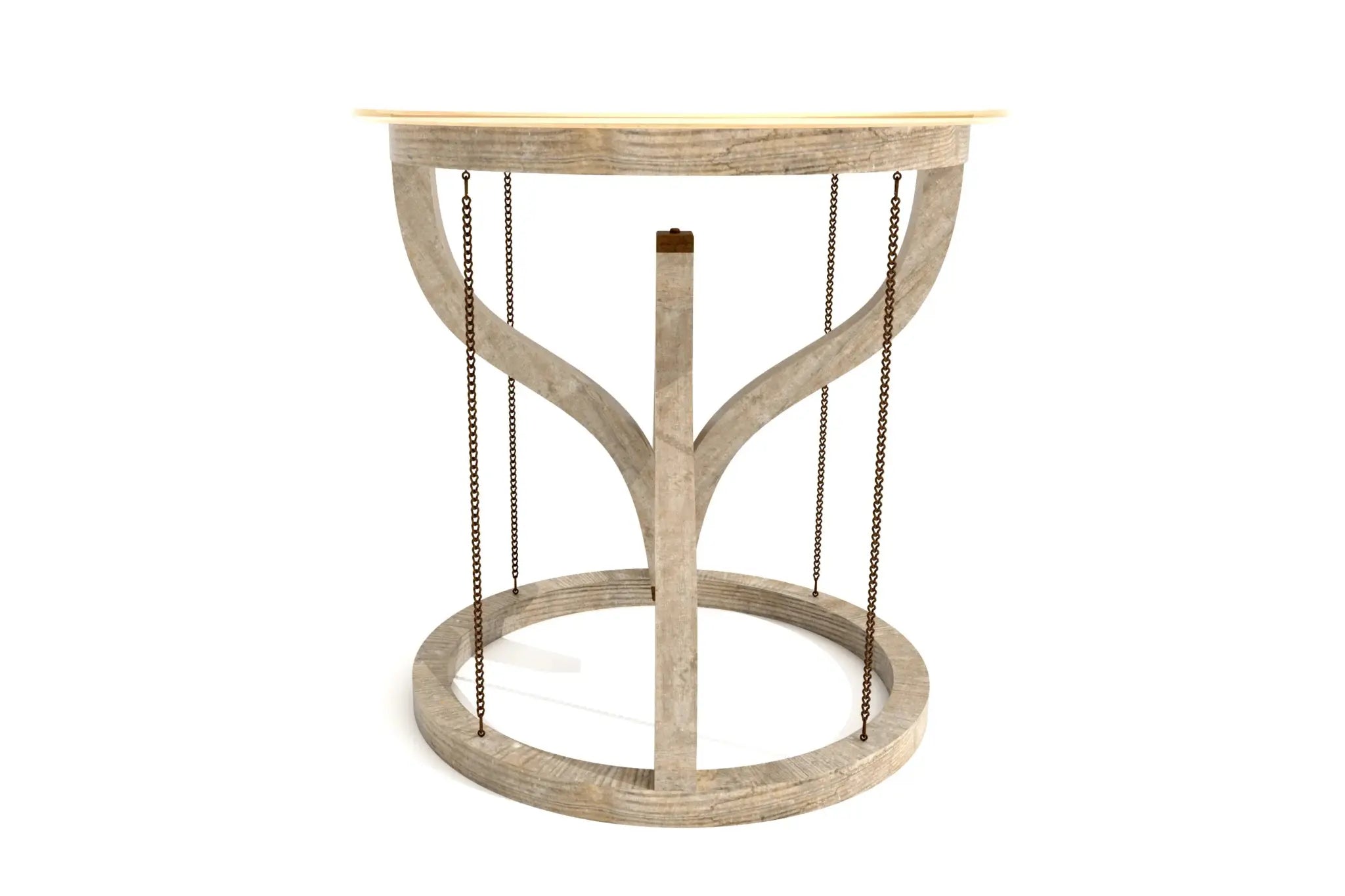 Gravity Side Table with curved wooden supports, metal chains, and round glass top.